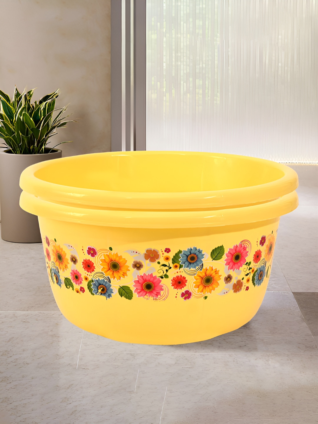 Aura Yellow & Pink 2 Pieces Floral Printed Glossy Multipurpose Bath Tub