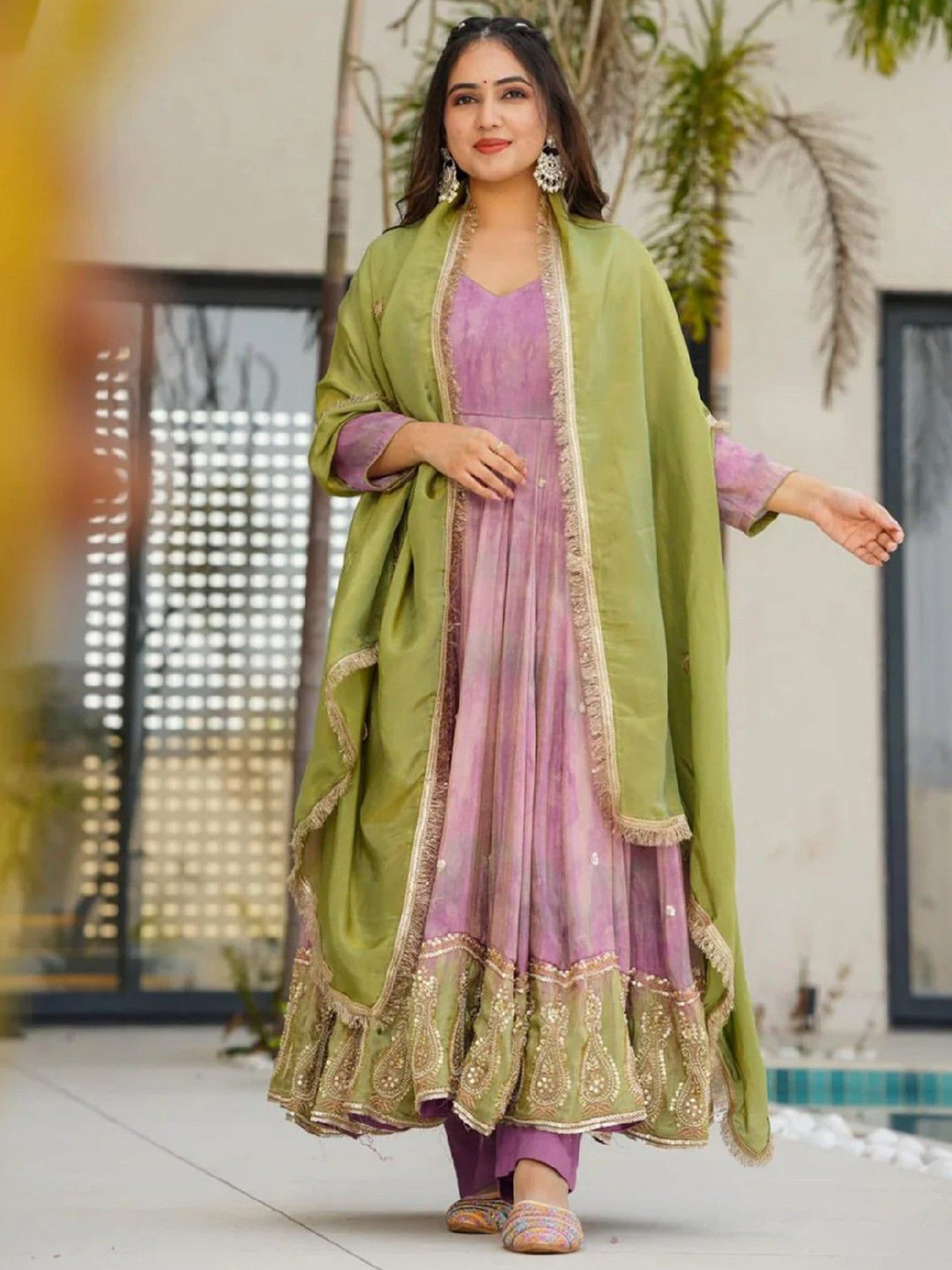 MISS CLOTHING Embroidered V-Neck Art Silk Sequinned Kurta With Trousers And Dupatta