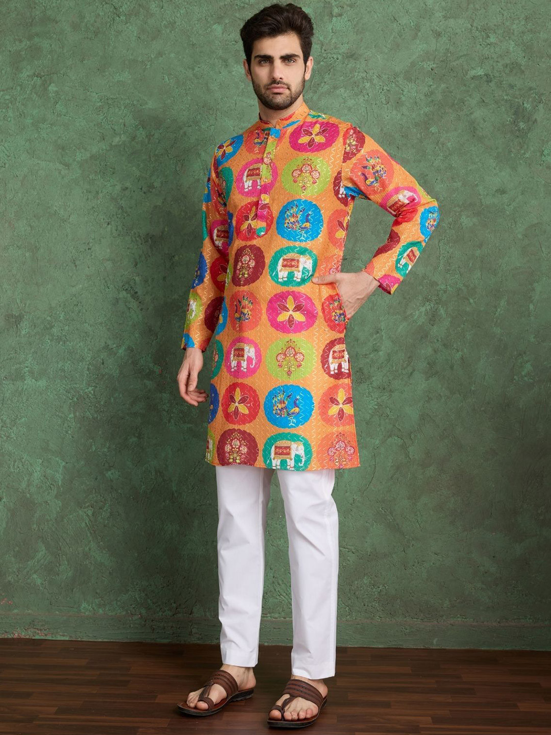 ODETTE Men Multicolor Rayon Printed and Embroidered Stitched Straight Kurta