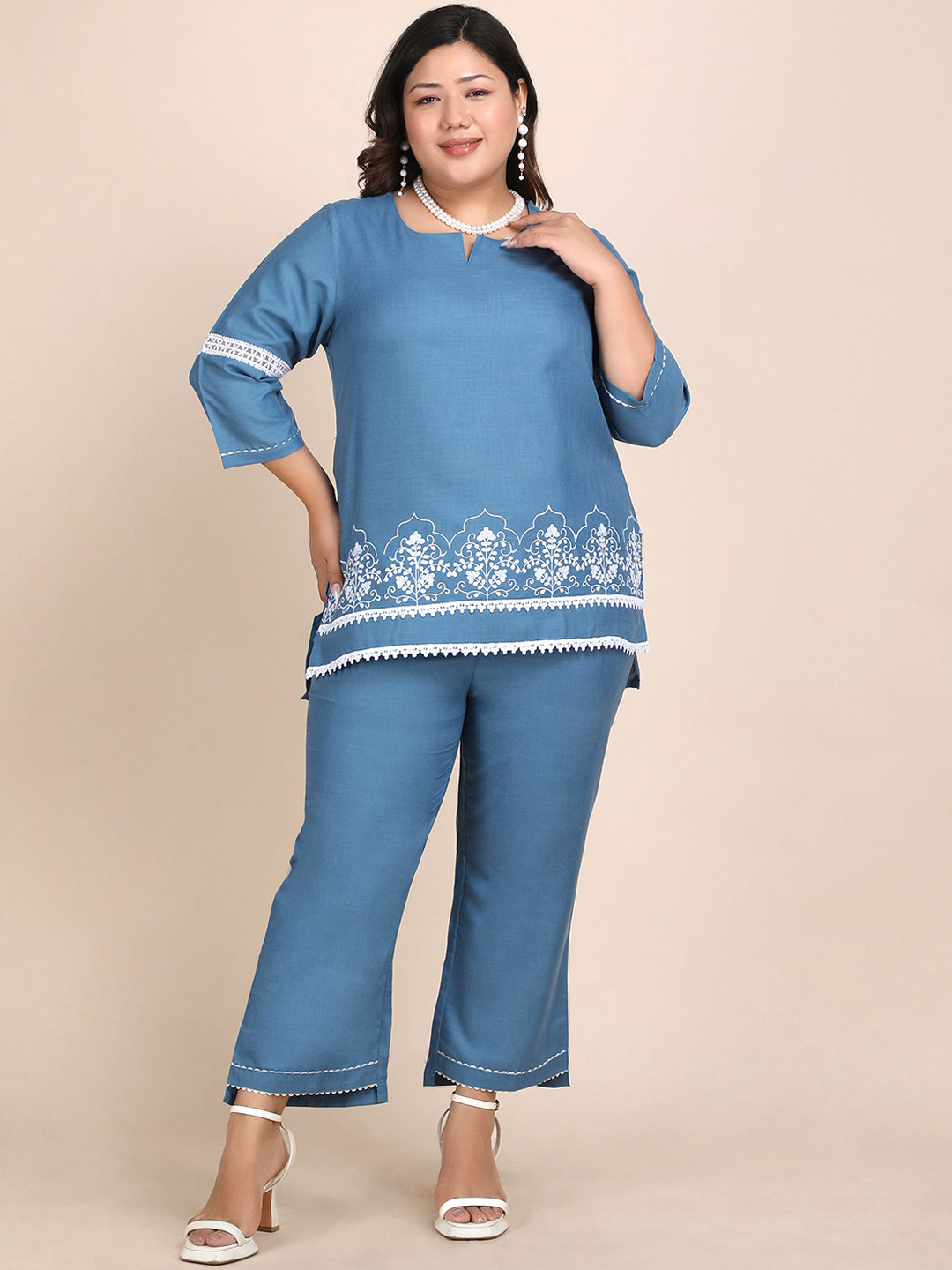 Bani Women Embroidered Plus Size Round Neck Casual Tunic With Trouser Co-Ords