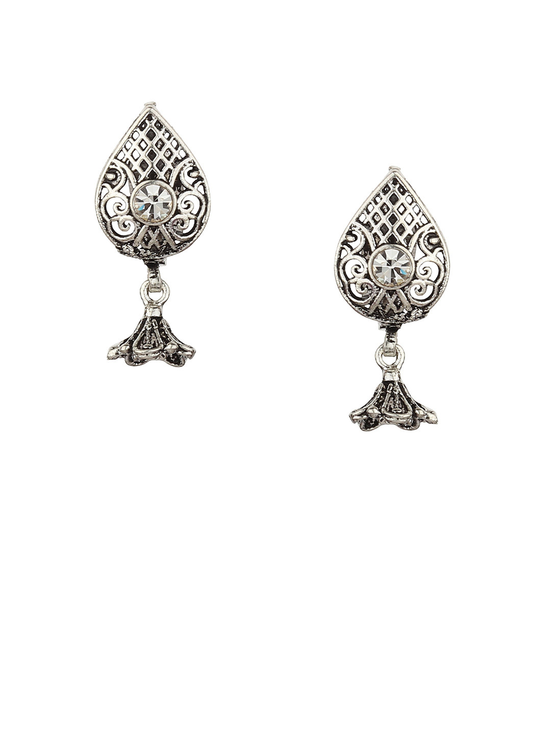 FirstBlush Silver-Plated Stones Studded Paisley Shaped Non Pierced Drop Earrings