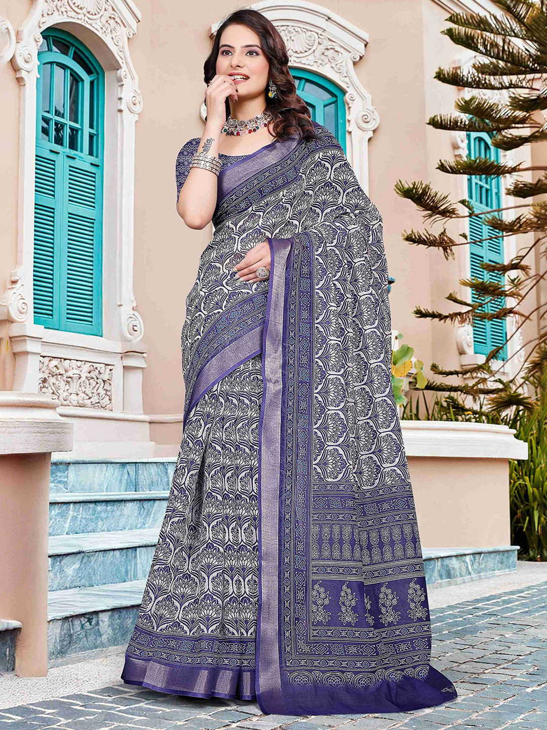 ZILVIRA Ethnic Motifs Printed Pure Linen Narayan Peth Saree