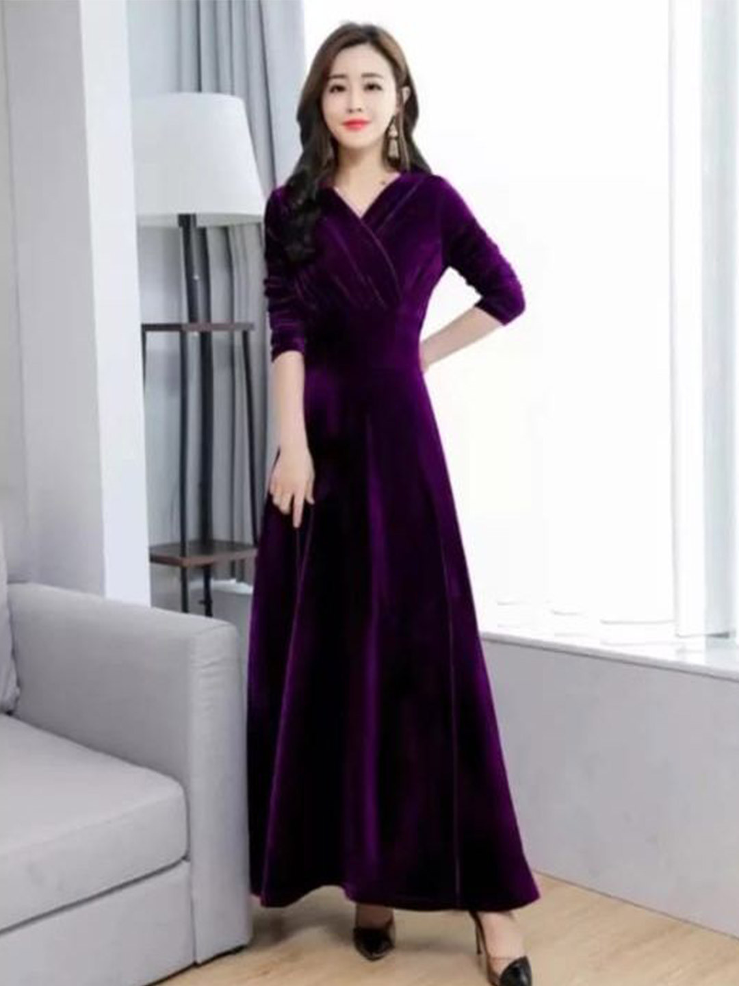 WESTCHIC Women Velvet V-Neck Fit & Flare Maxi Dress