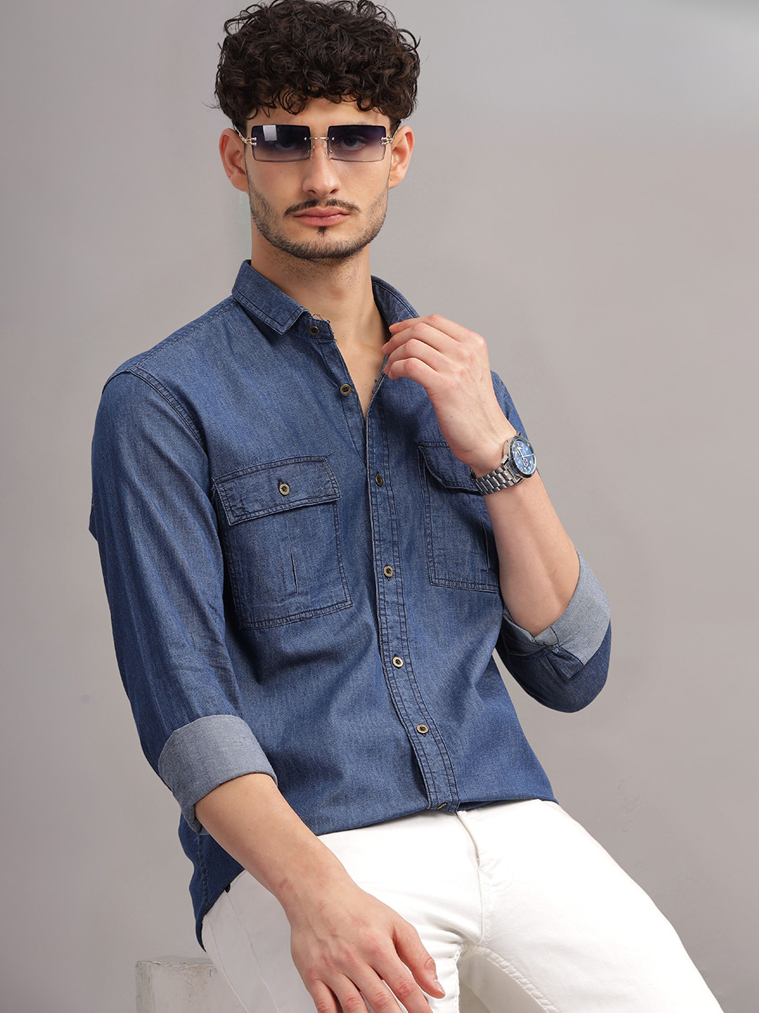 7TH LEGION Smart Spread Collar Casual Denim Shirt