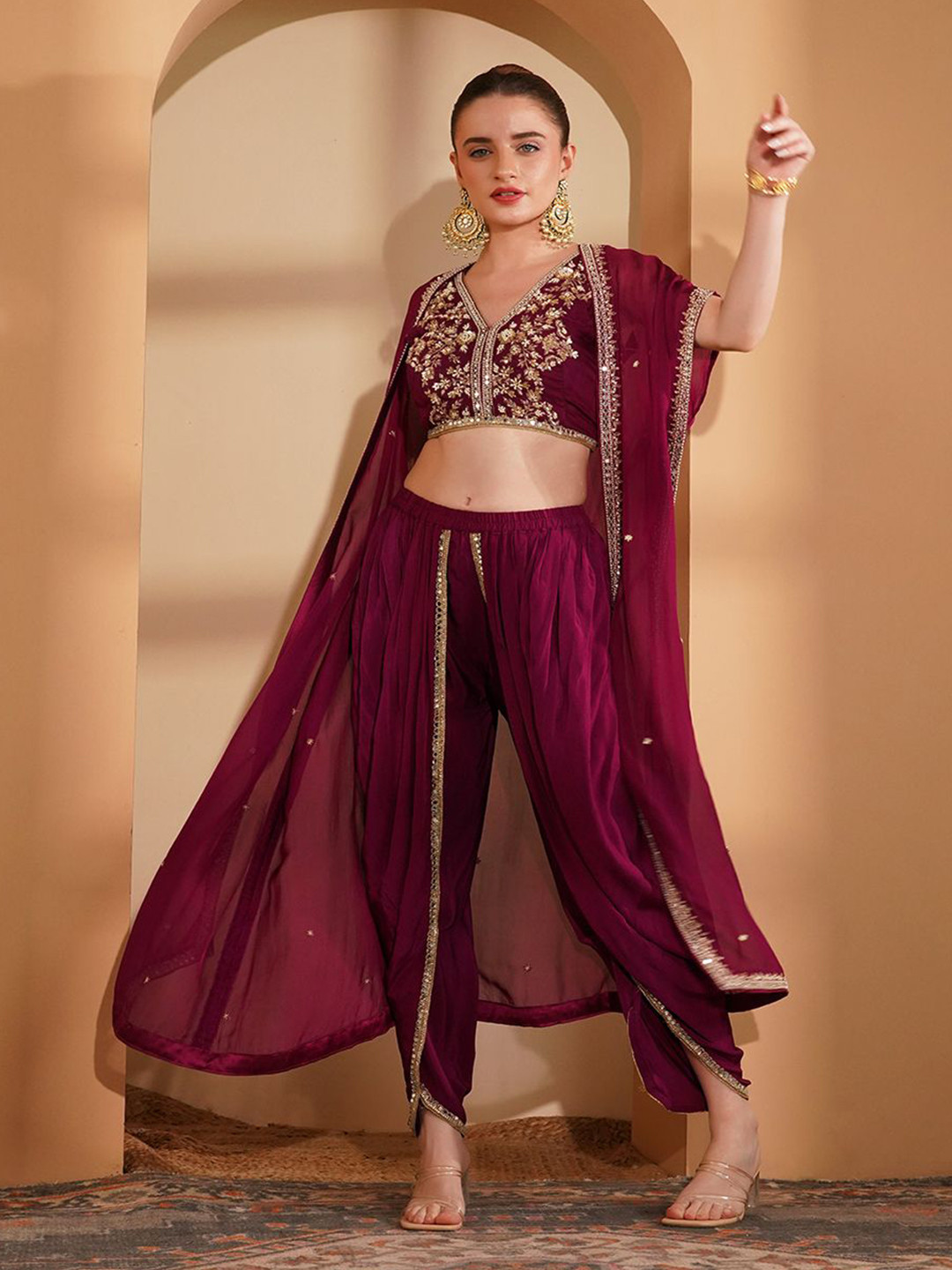 MILU MADAN Women V-Neck Embroidered Crepe Co-Ords With Shrug