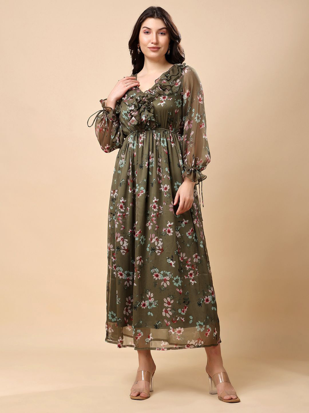 T TRYON ULTIMATE Floral Print Puff Sleeves Fit And Flare Maxi Dress