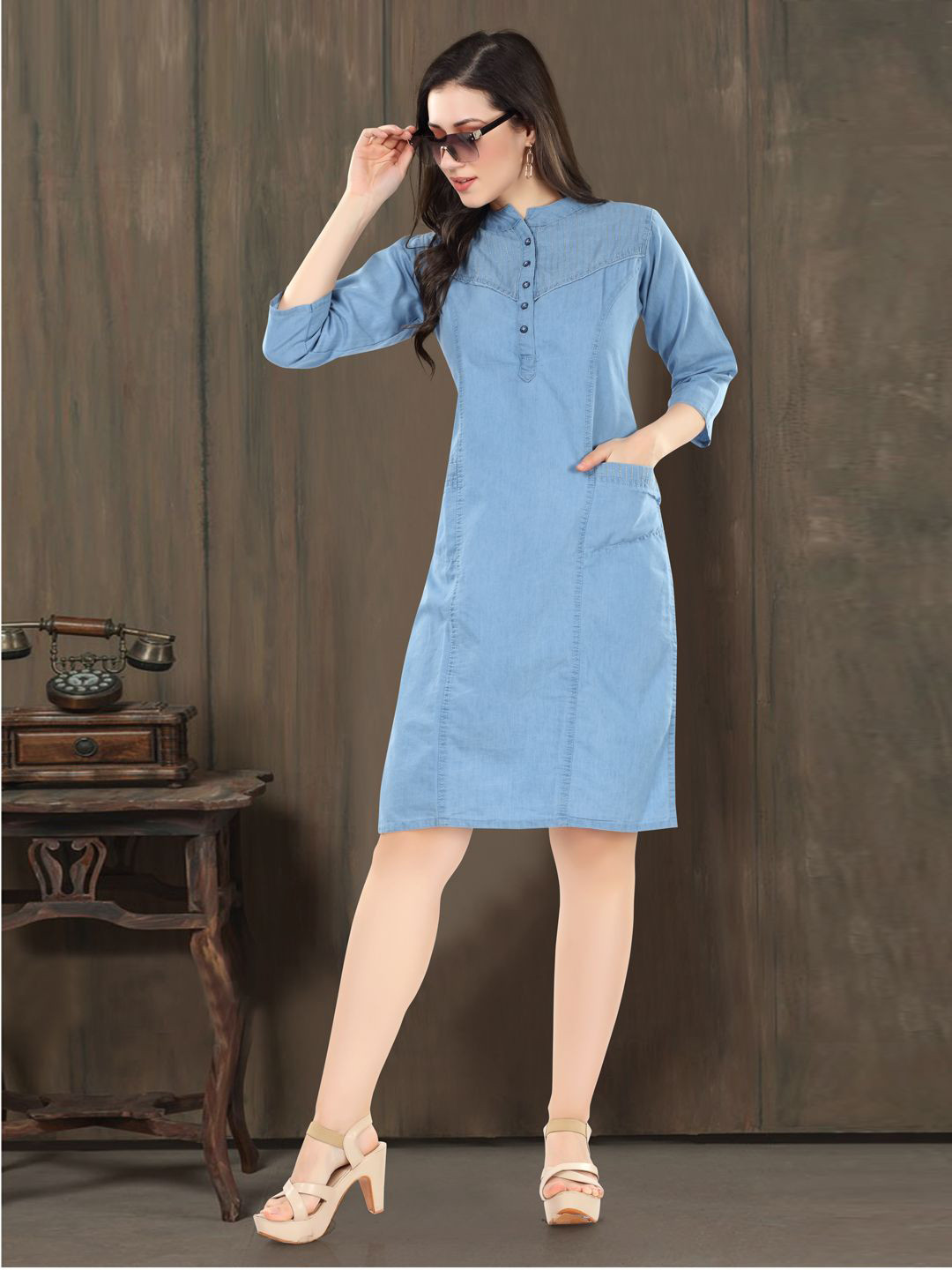 SK Creation Women Mandarin collar Cotton Denim A-Line Dress