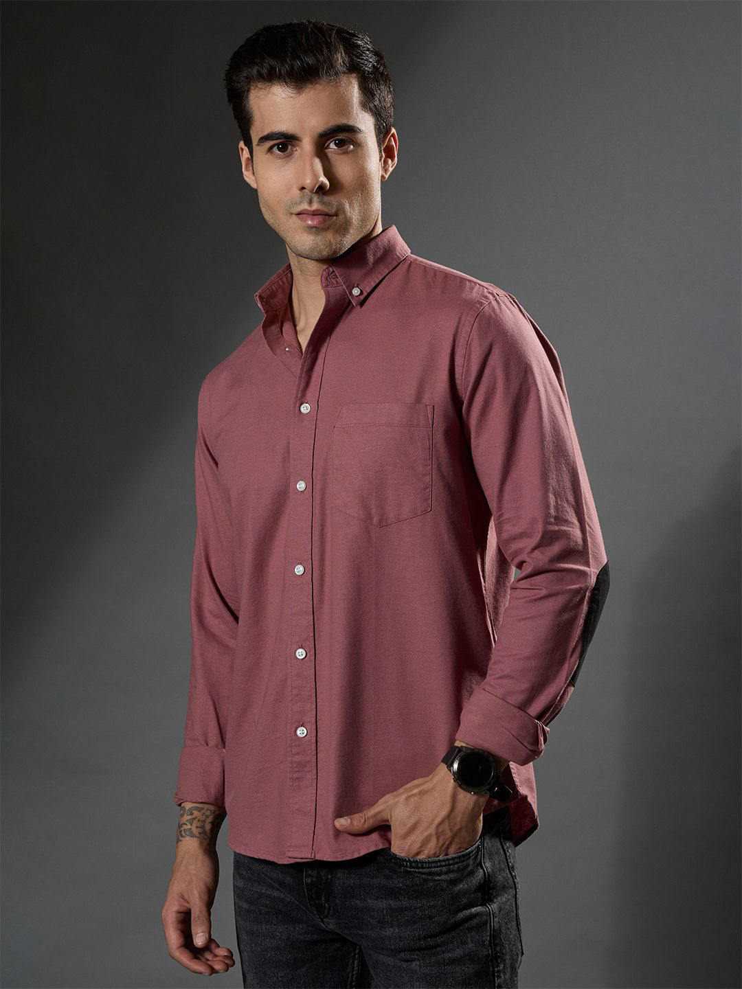Espanshe Men Slim Fit Spread Collar Pure Cotton Casual Shirt With Elbow Patch Brick
