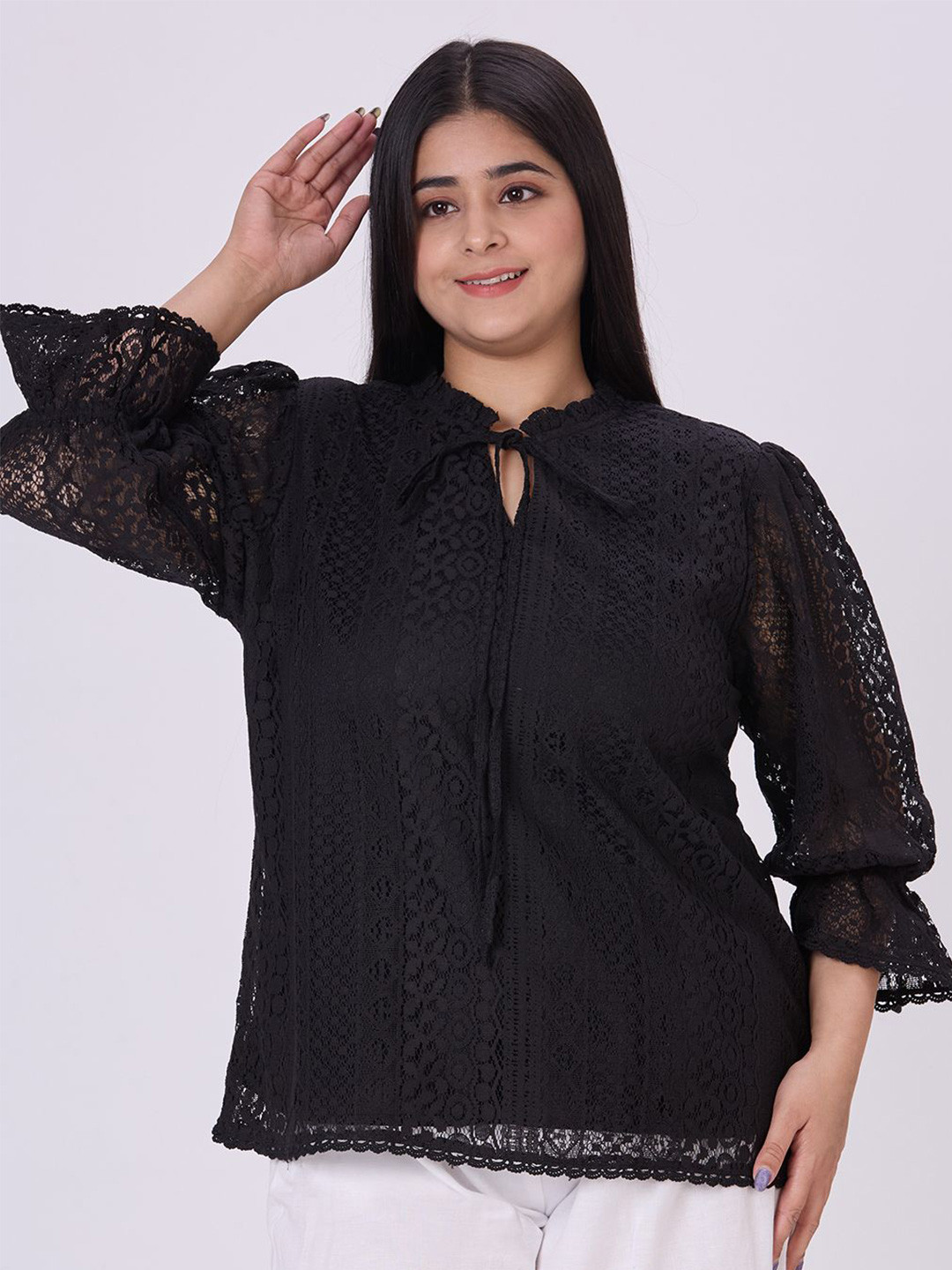 Style Quotient Plus Size Self Design Tie-Up Neck Puff Sleeve Cotton Top