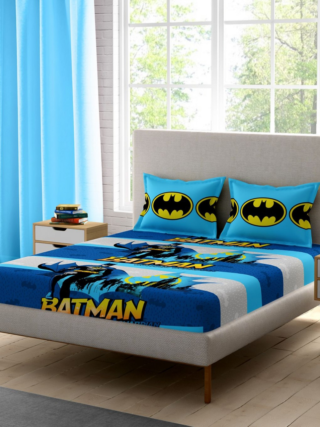 STELLAR HOME Batman Blue Printed 144 TC Skin-Friendly Queen Bedsheet Set 2.24 m x 2.54 m