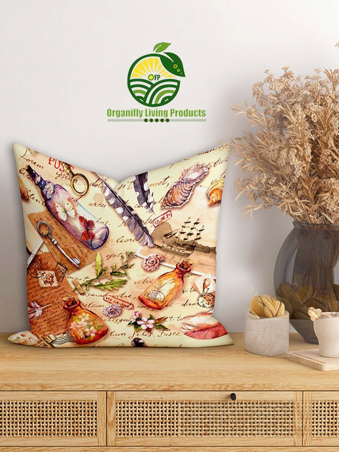 Organifly Living Products Cream-Coloured & Pink Quirky Printed Square Cushion Cover