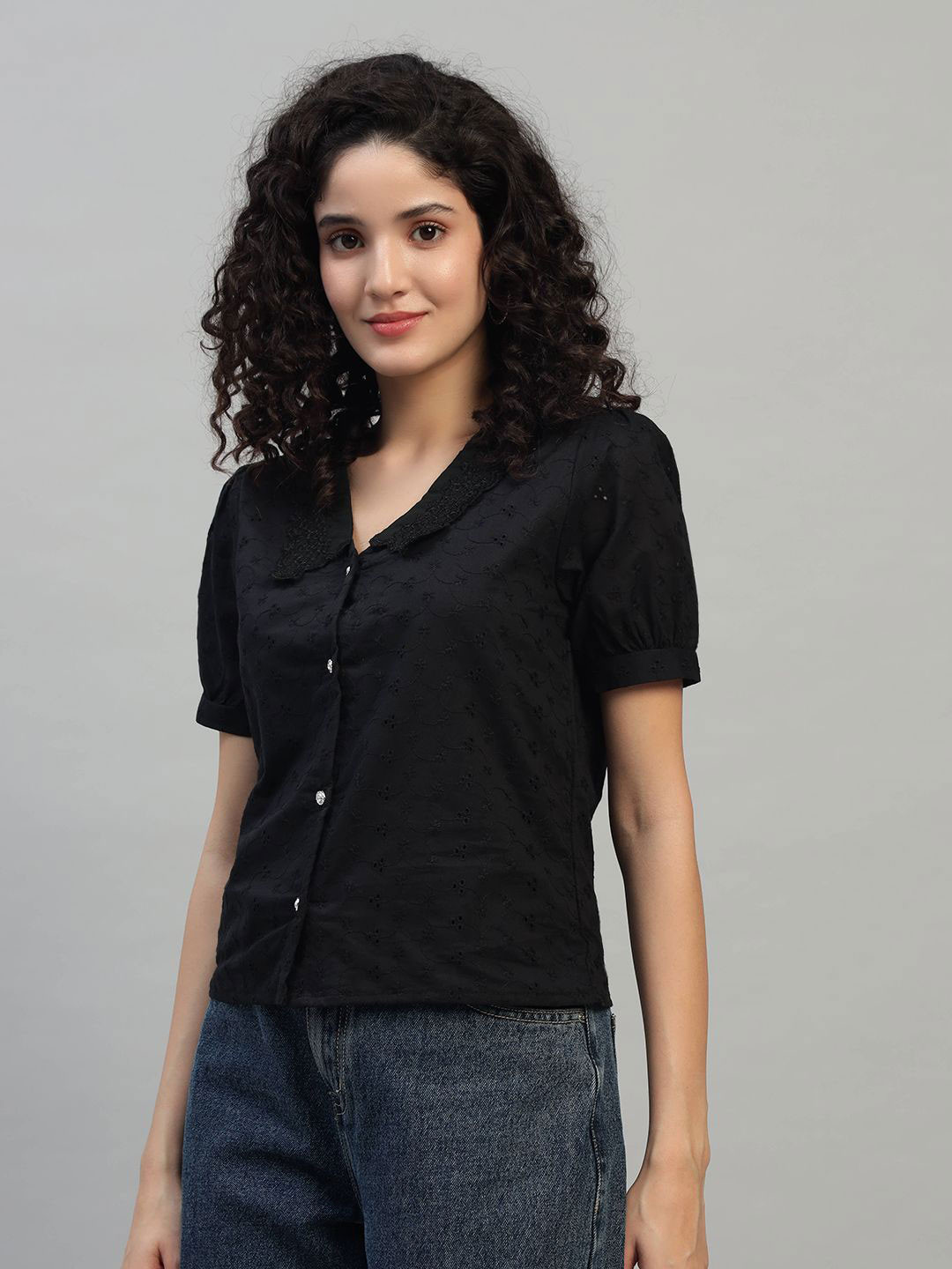 SHAHVEER CREATION Women Self Design Puff Sleeve Cotton Blouson Crop Top