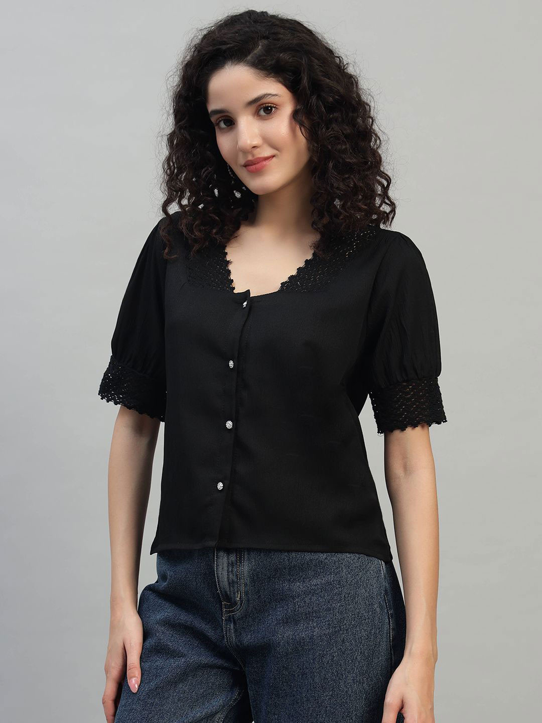 SHAHVEER CREATION Women Self Design  Puff Sleeve Cotton Blouson Crop Top