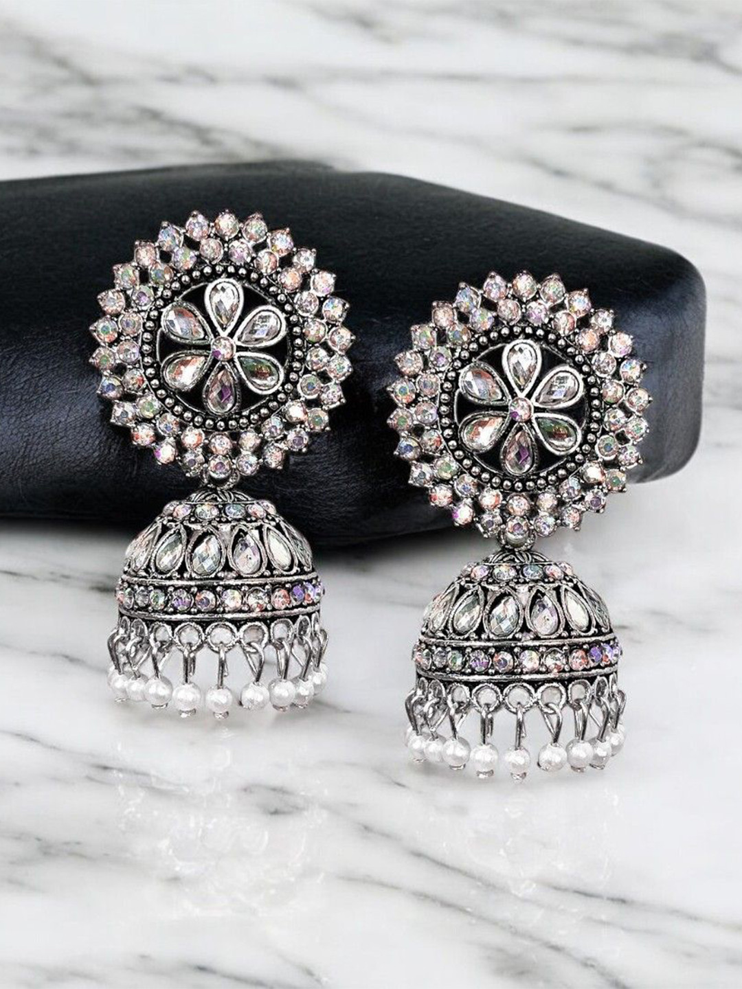 De-Ultimate Silver-Plated Artificial Stones Studded & Beads Beaded Dome Shaped Jhumkas