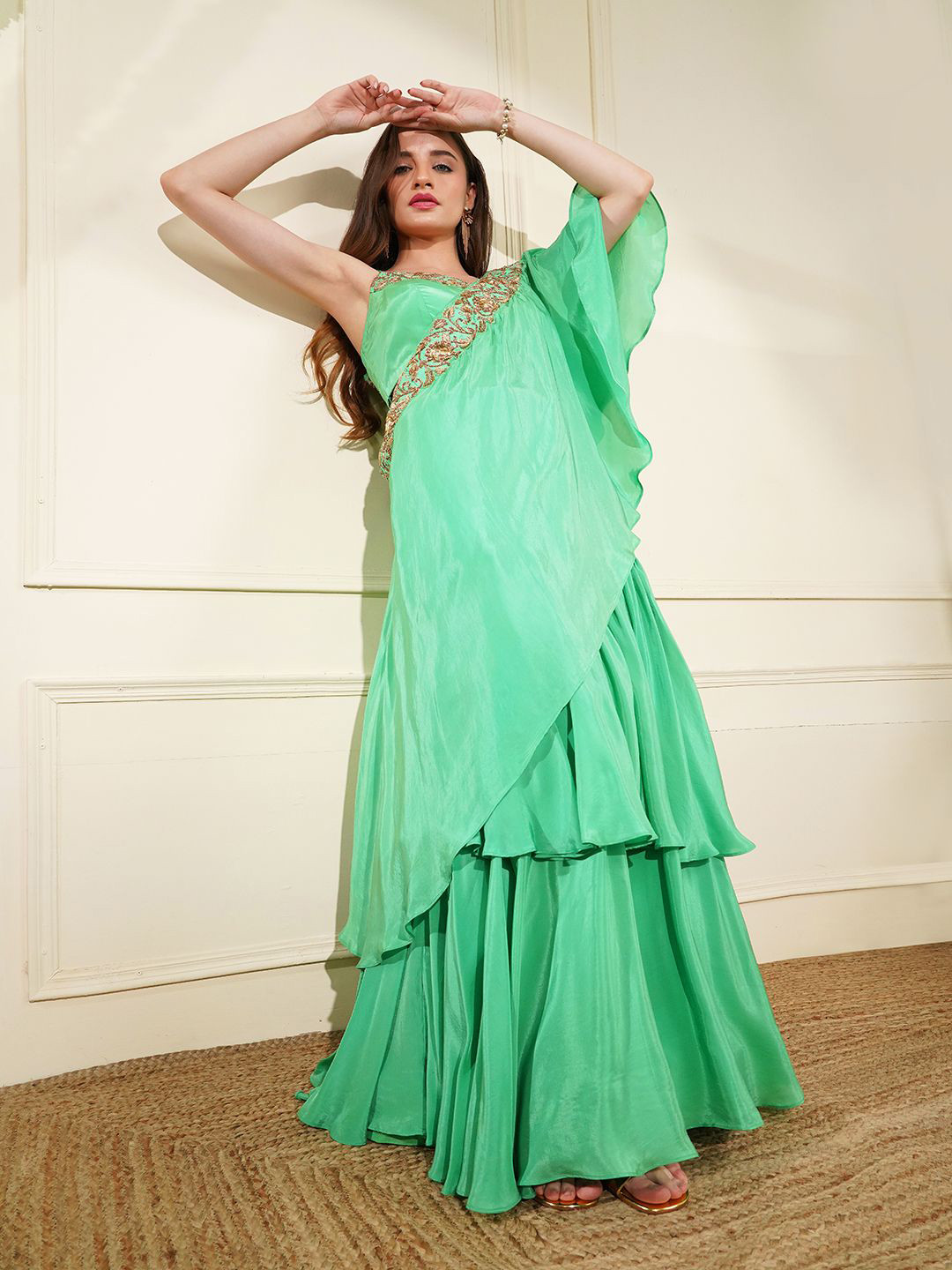 MILU MADAN Embellished Beads and Stones Crepe Layered Lehenga Choli