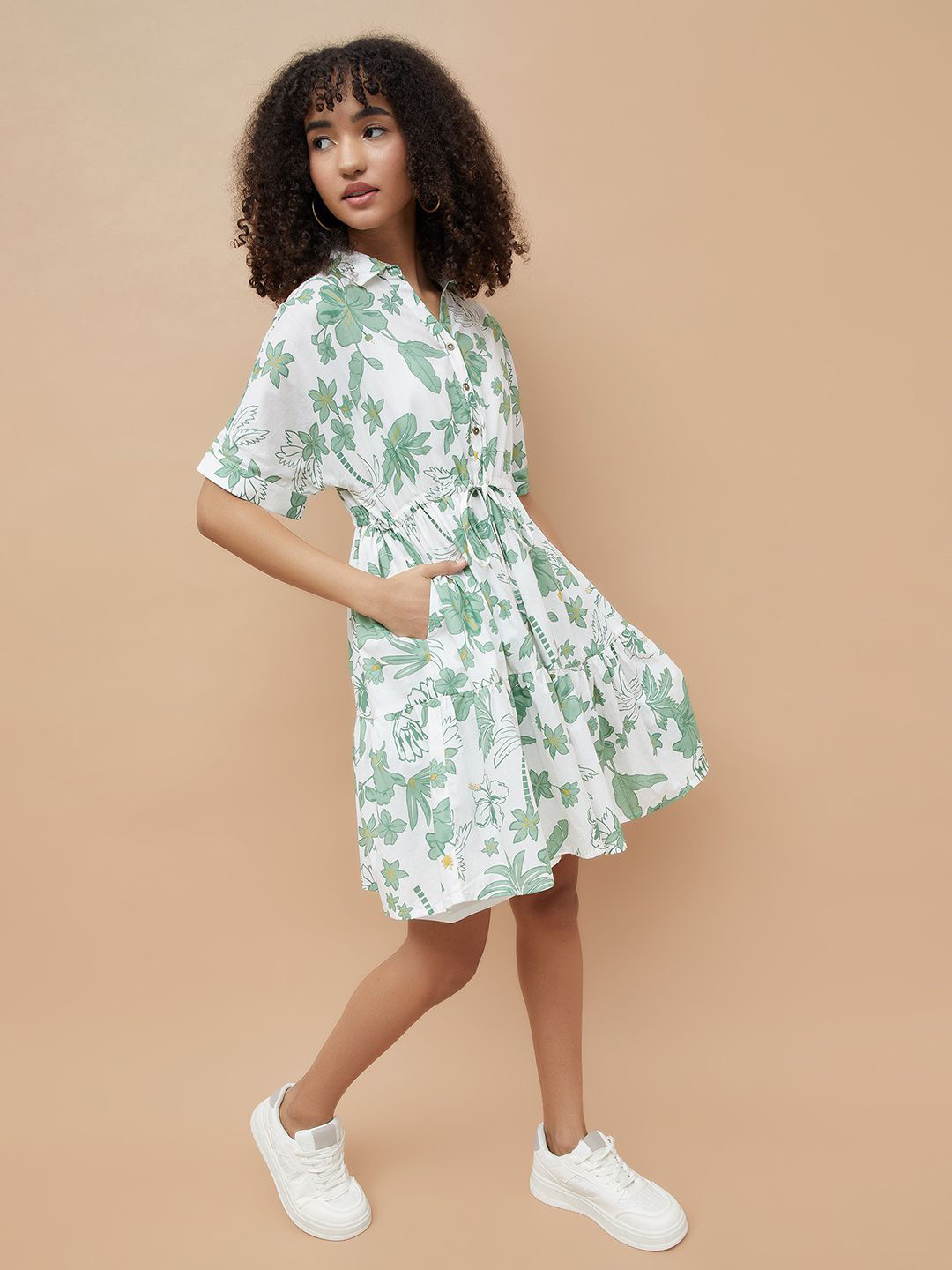 Colour Me by Melange Women Floral Print Shirt Collar A-Line Mini Dress
