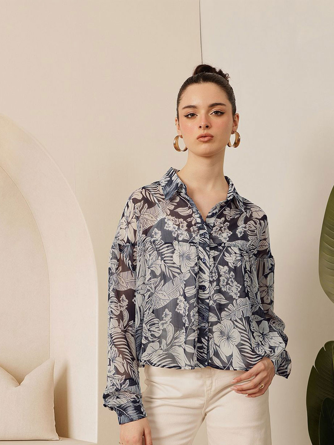 STREET 9 Comfort Floral Printed Sheer Boxy Casual Shirt