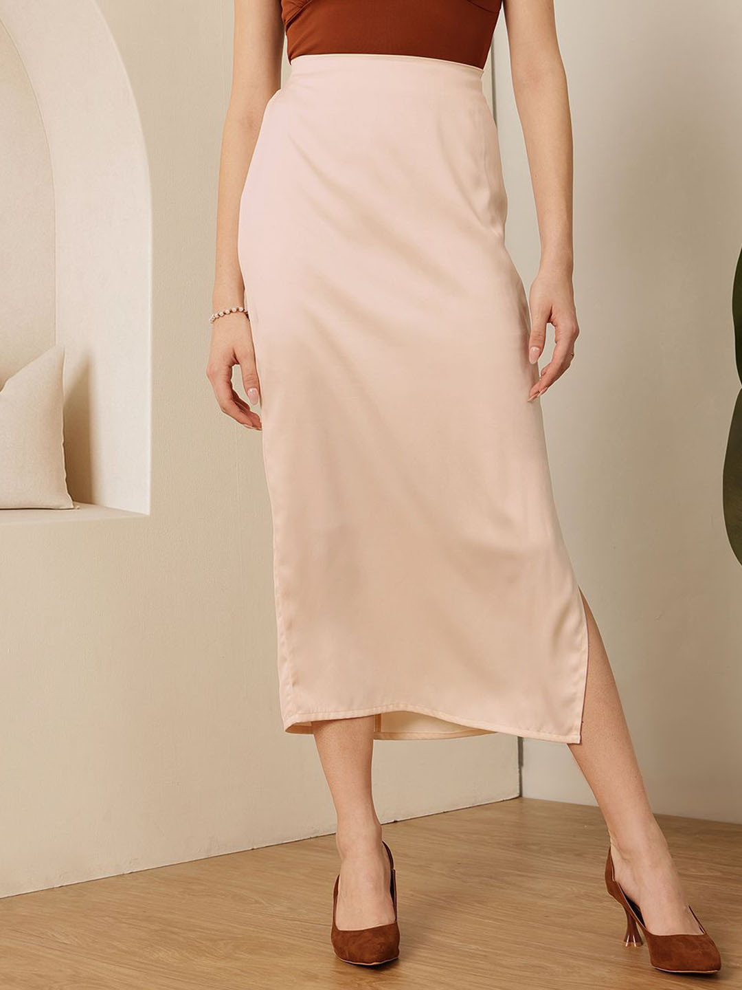 STREET 9 Side Slit Straight Midi Satin Skirt