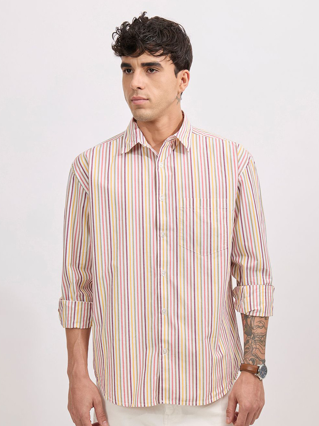 Espanshe Veil Striped Long Sleeves Pure Cotton Oversized Shirt