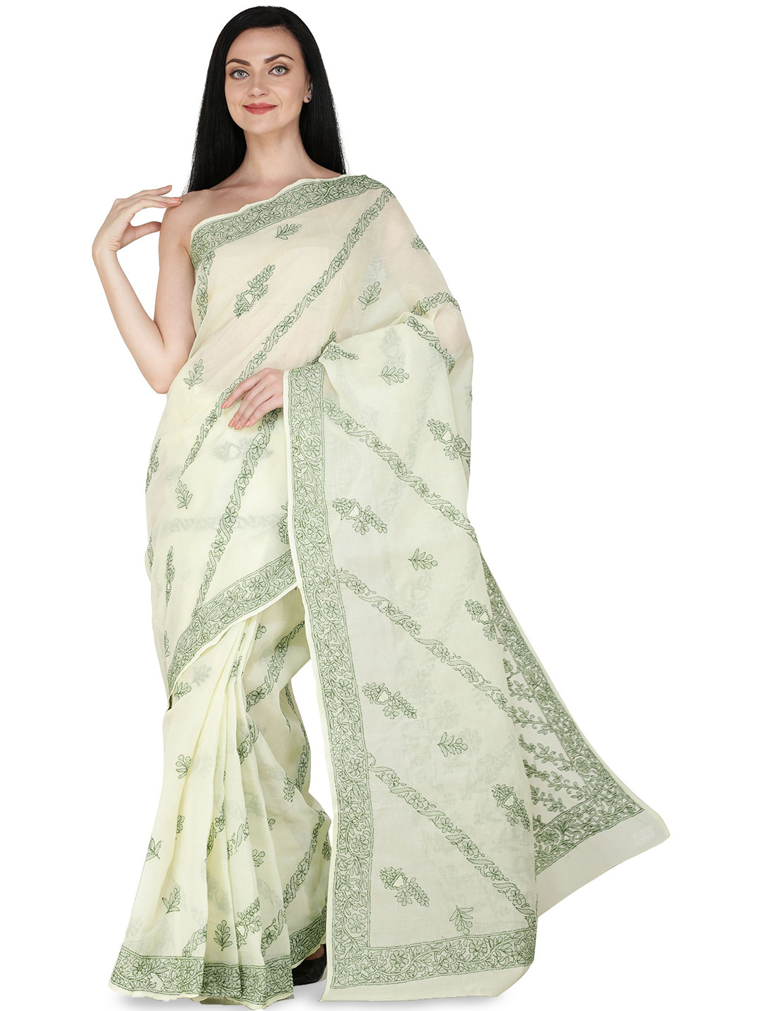 Exotic India Citron Lukhnavi Chikan Saree with Hand-Embroidered Flowers All-Over