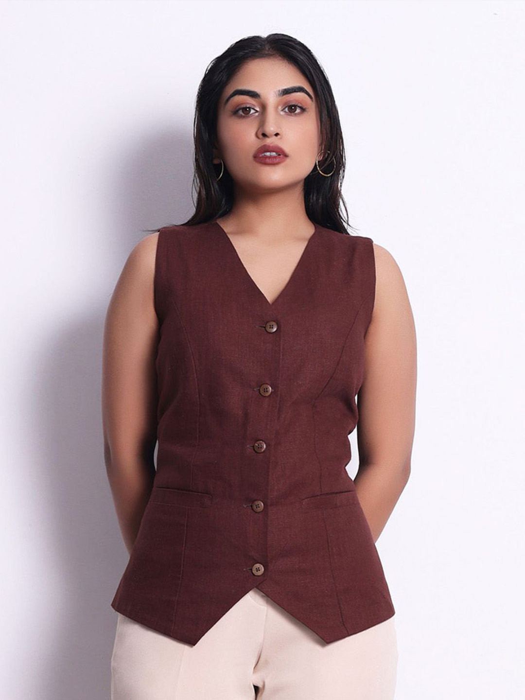 Jaey Women Cascade Tie V-Neck Sleeveless Top With Pockets