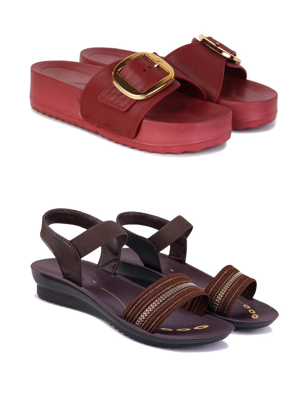 DRACKFOOT Women Pack Of 2 Open Toe Flats with Buckles