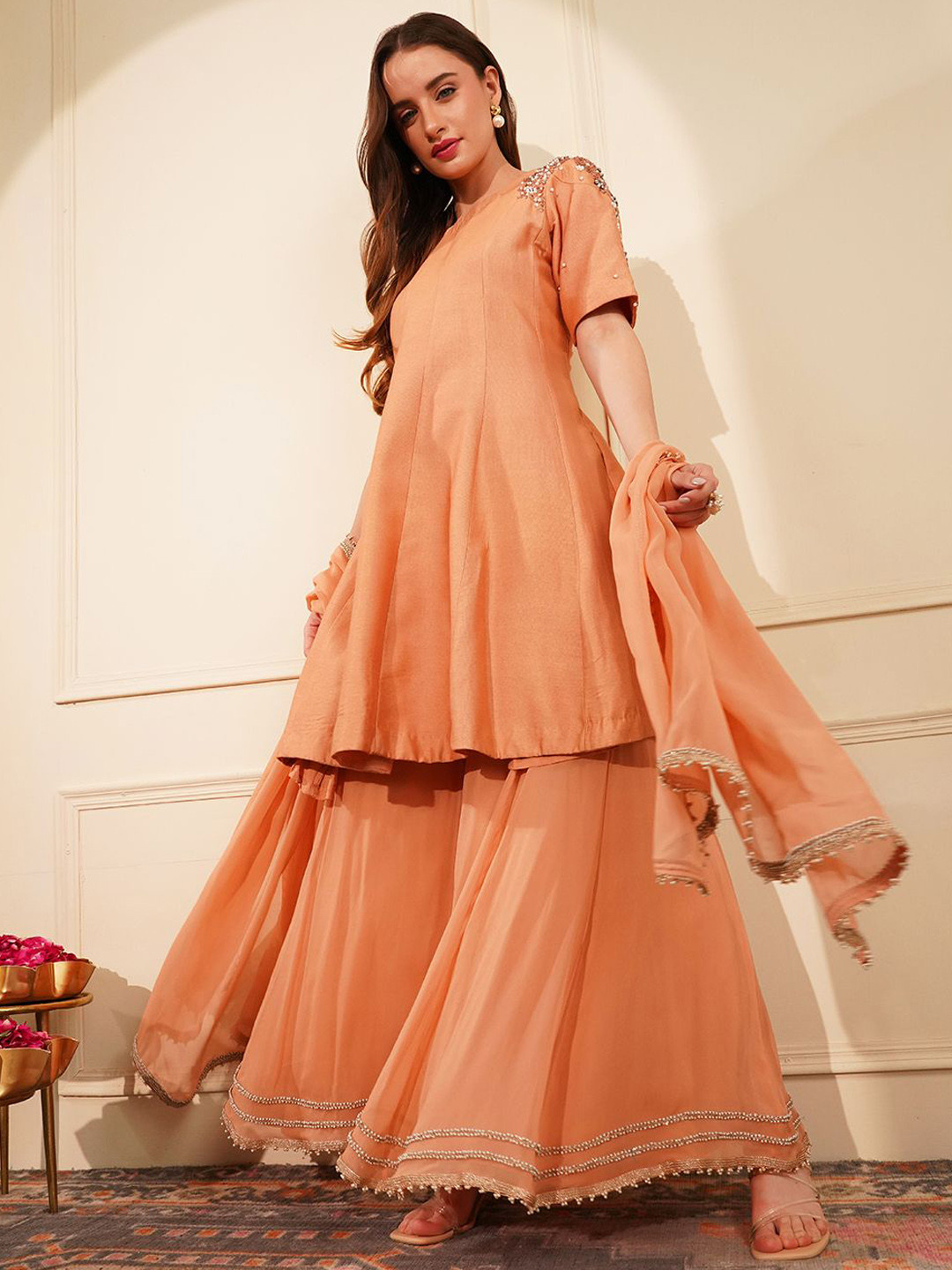 MILU MADAN Women Embroidered Anarkali Beads and Stones Kurti with Sharara & With Dupatta