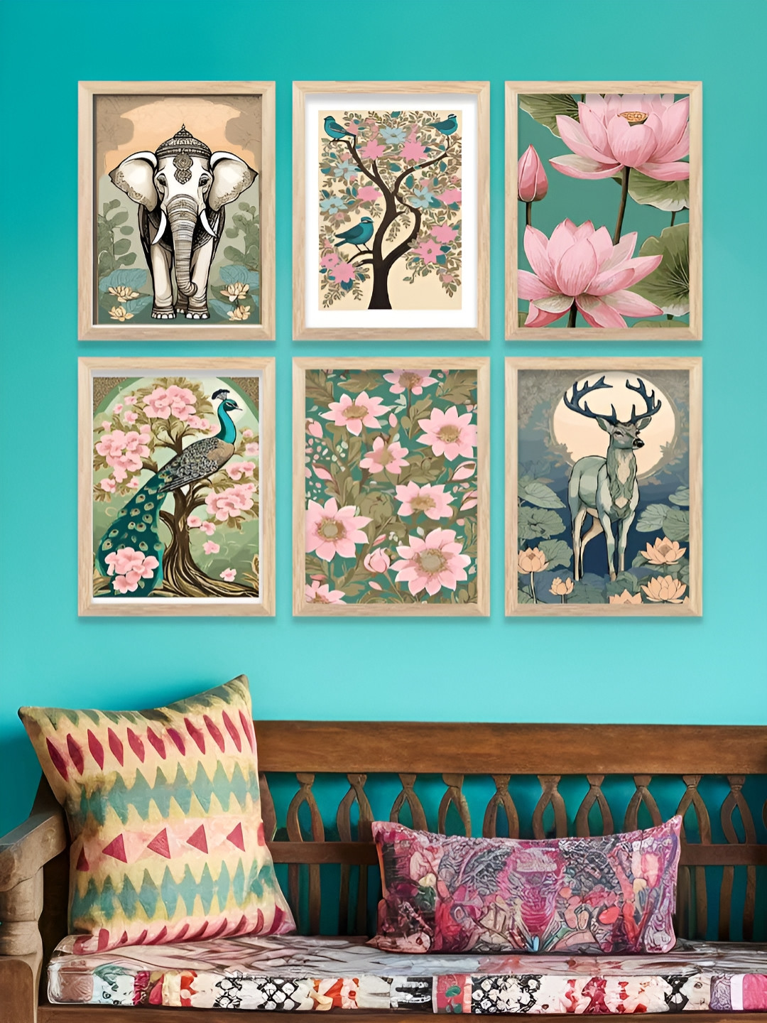 Kotart Green & Pink 6 Pieces Wooden Floral and Botanical Wall Aarts