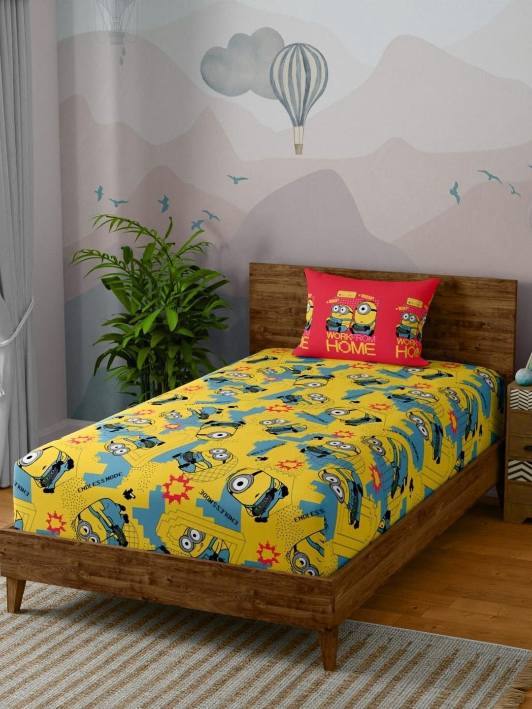 STELLAR HOME Minions Yellow Cartoon Characters 144 TC Single Bedsheet Set 1.50m x 2.24m