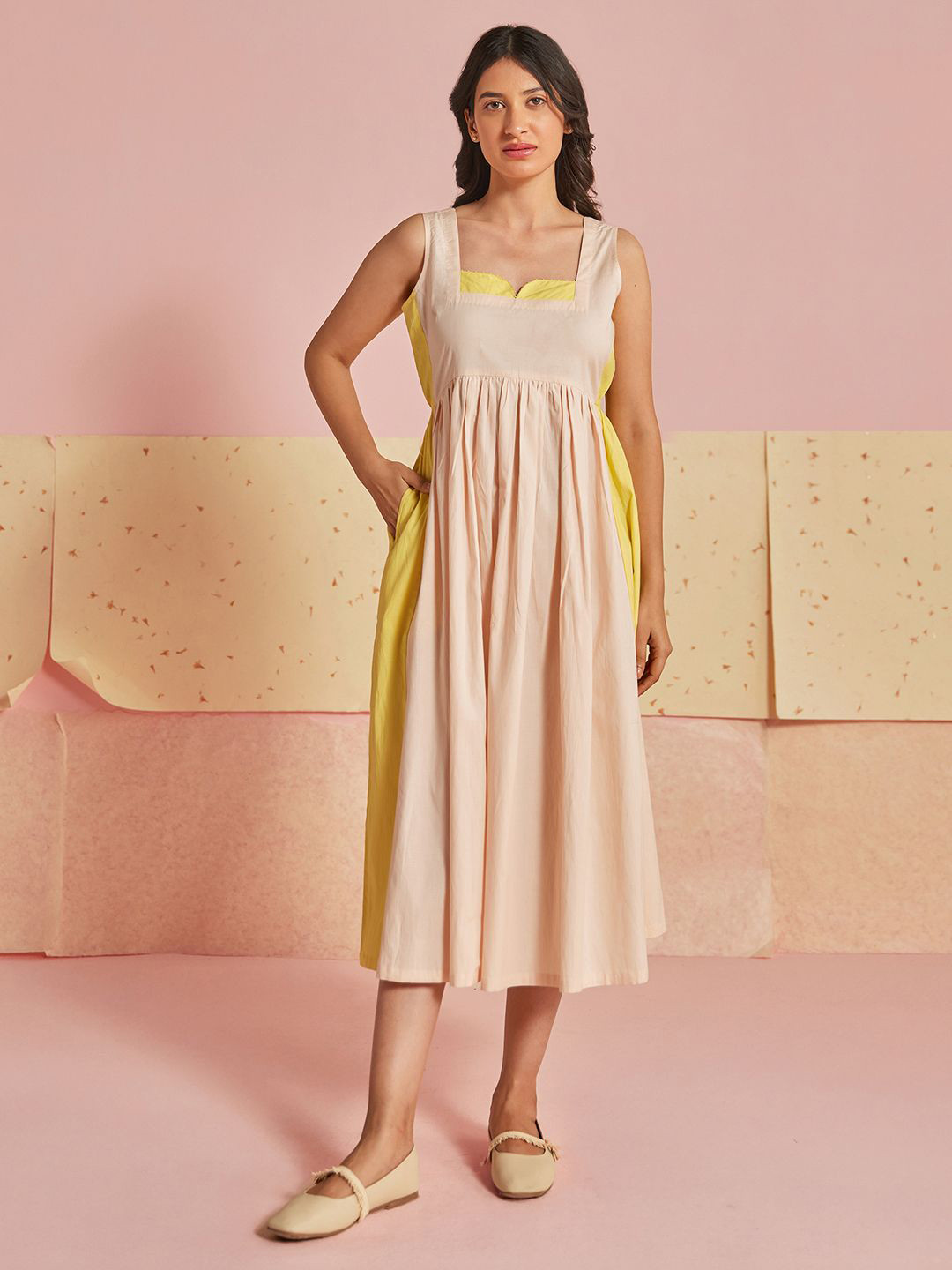 The Yellow Bow Colourblocked Peach Fizz Cotton Modal Fit & Flare Midi Dress
