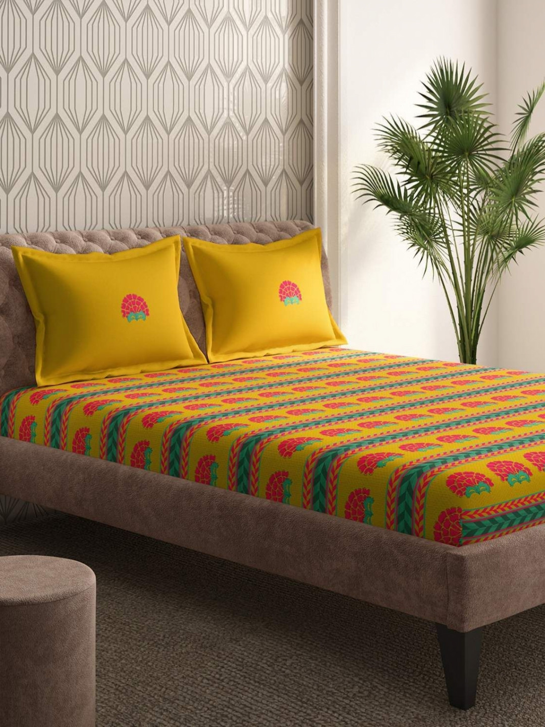 Portico Gulmarg Mustard & Pink Printed Cotton 210 TC Super King Bedsheet Set 2.74 x 2.74m