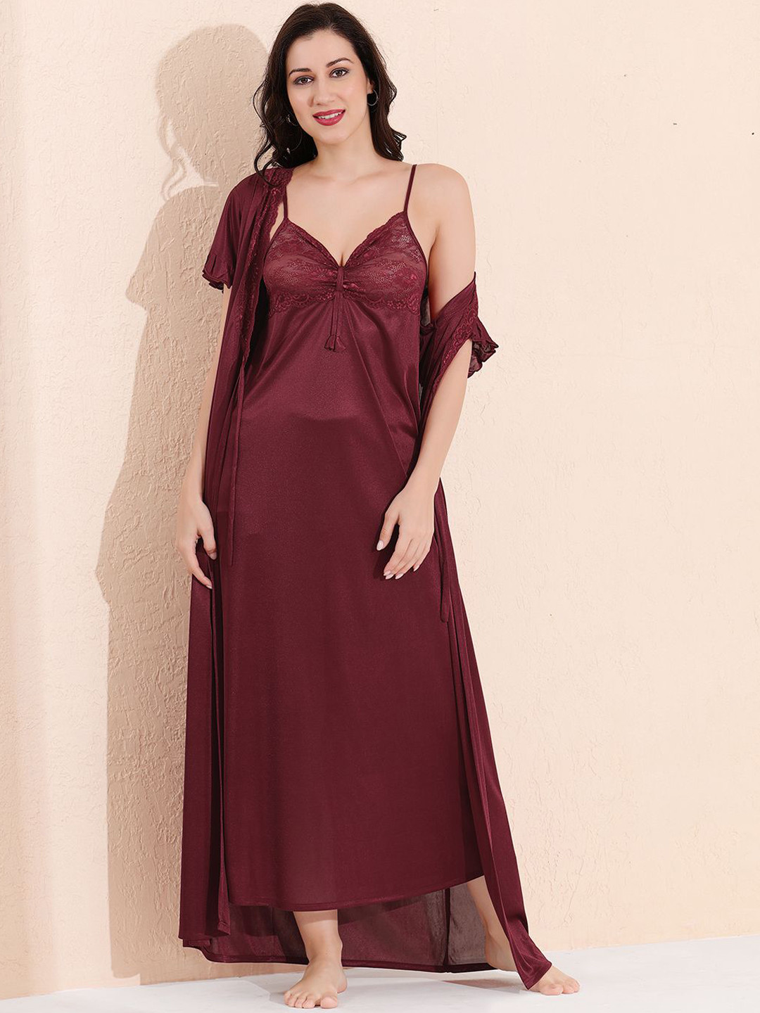 Arela Women Printed Knee Length Night Dress With Robe