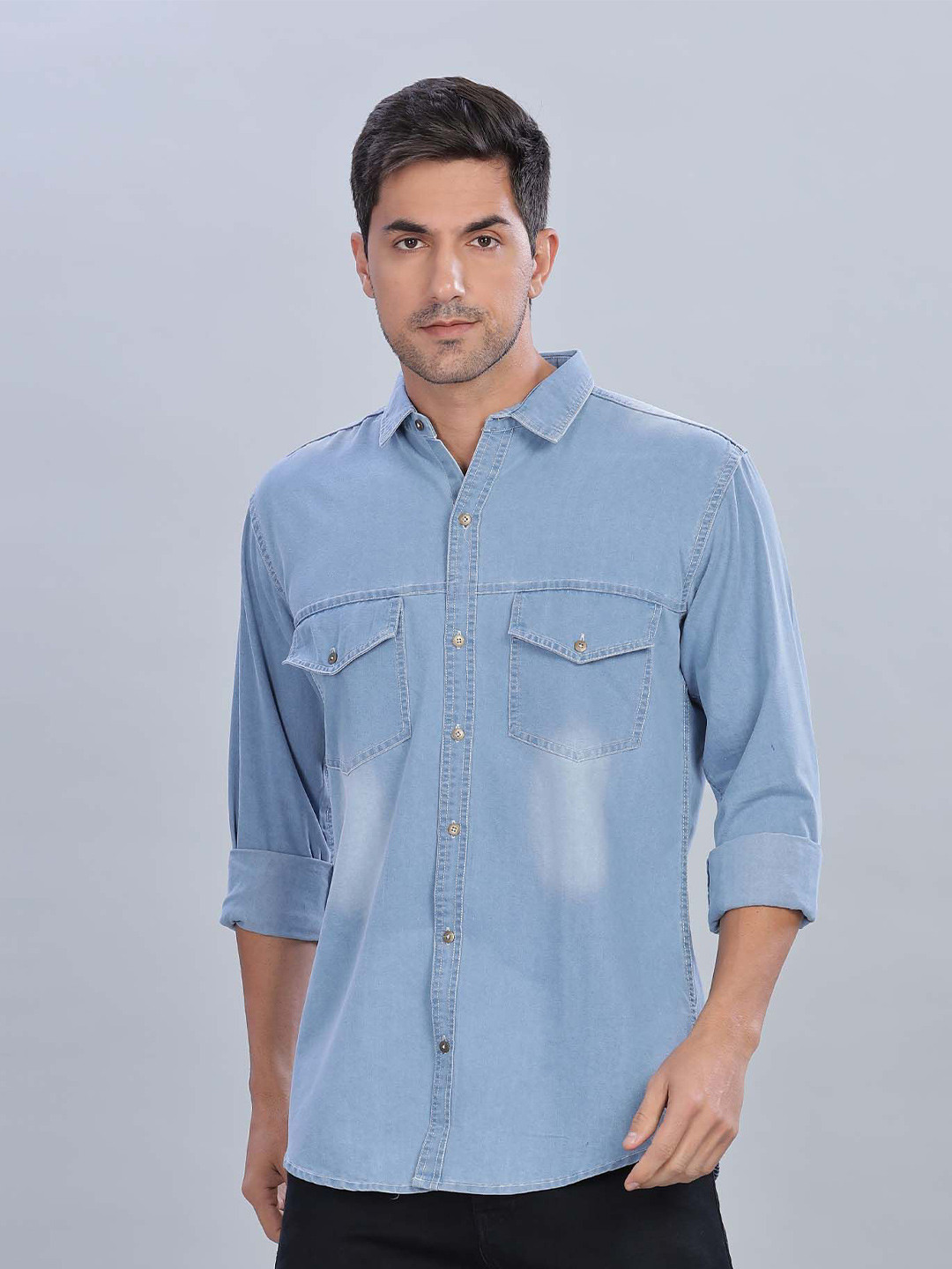 7TH LEGION Smart Spread Collar Casual Denim Shirt