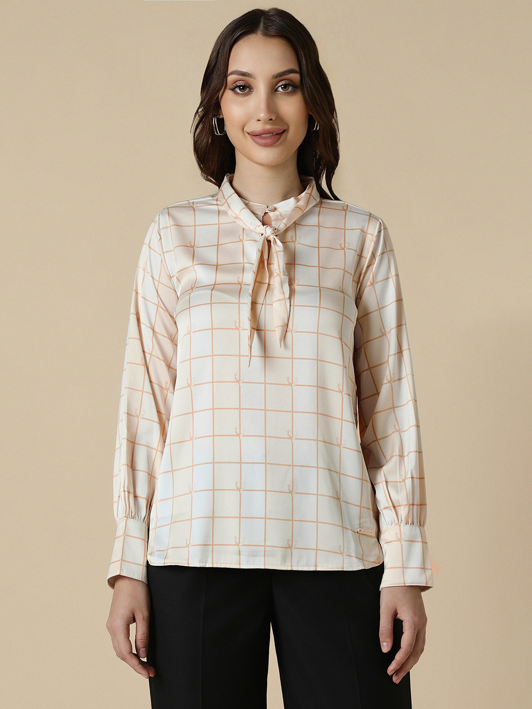 Allen Solly Woman Checked Mandarin Collar Satin Finish Regular Top with Scarf Detail