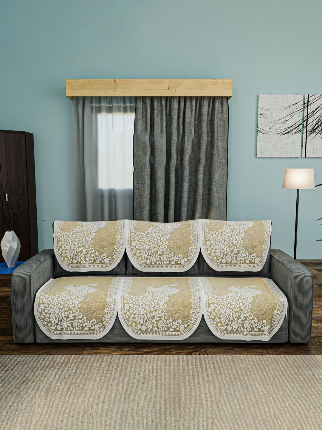 Aura Cream & White Set of 6 Stylish & Durable Cotton 3 Seater Sofa Cover Sofa Protector