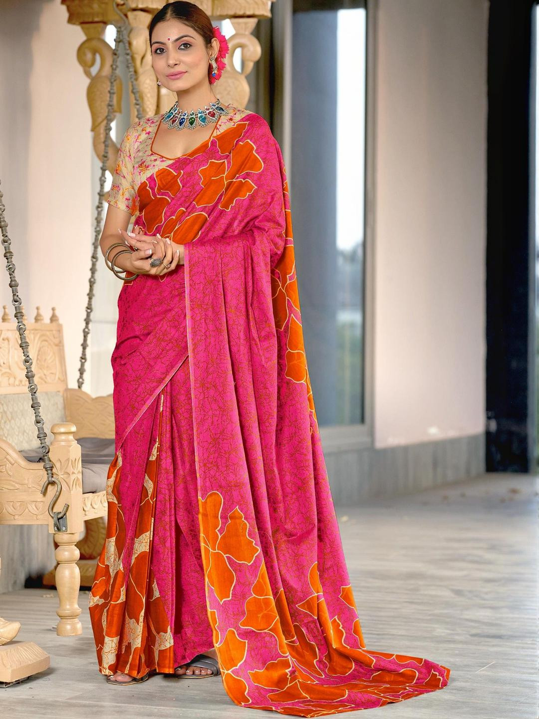 Pink Soft Cotton Block Print Saree with Unstitched Blouse Piece