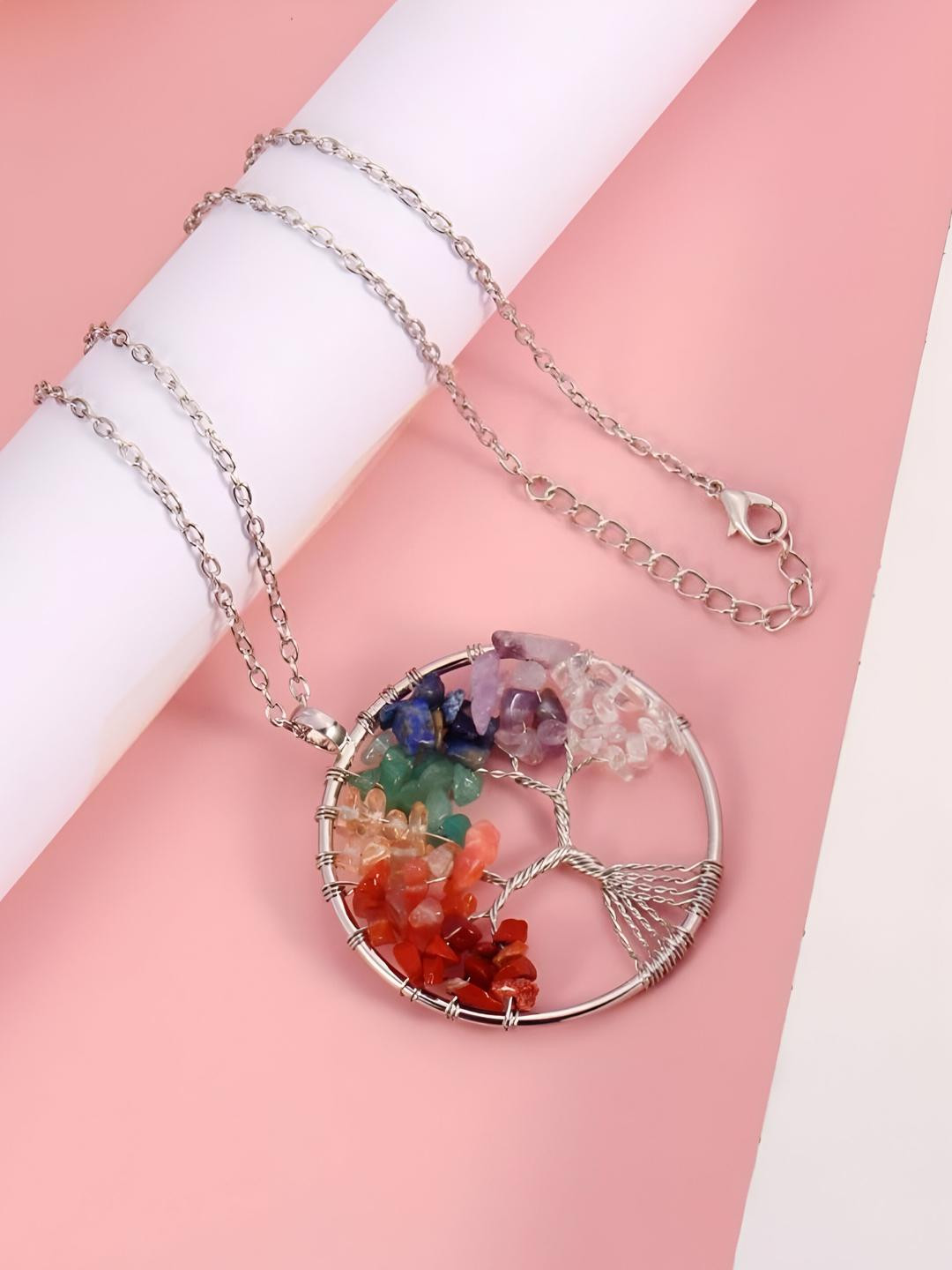 Inites Stainless Steel Silver-Plated Stones Studded Circular Pendant With Chain