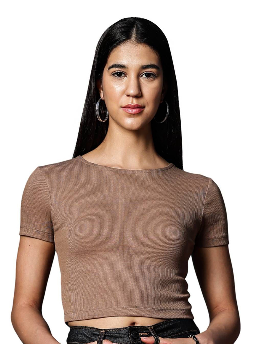 ONE SKY Women Solid Short Round Neck Sleeves Regular Crop Top