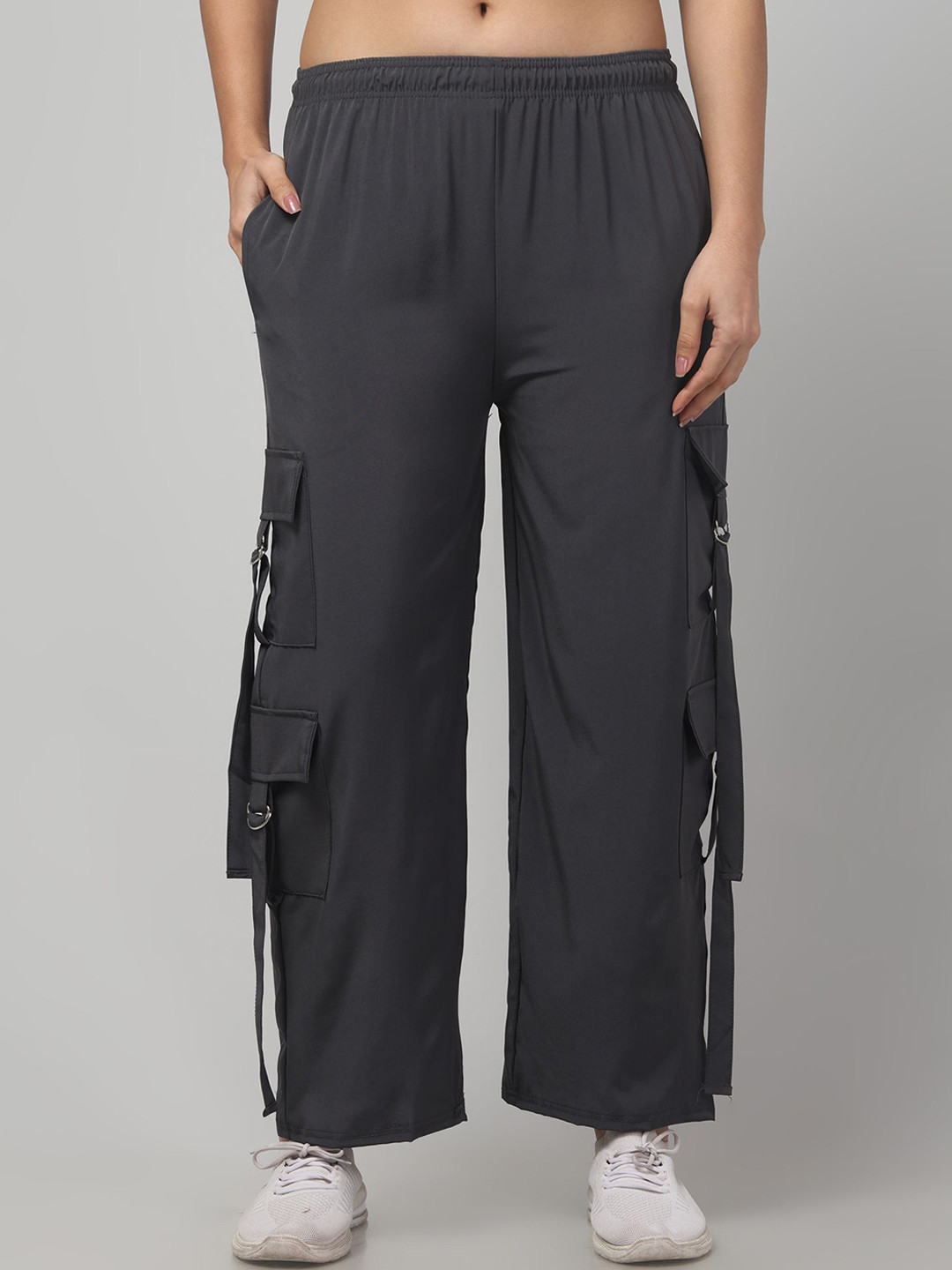 CROWN KING Women Straight Fit Mid-Rise Easy Wash Cargos Trousers