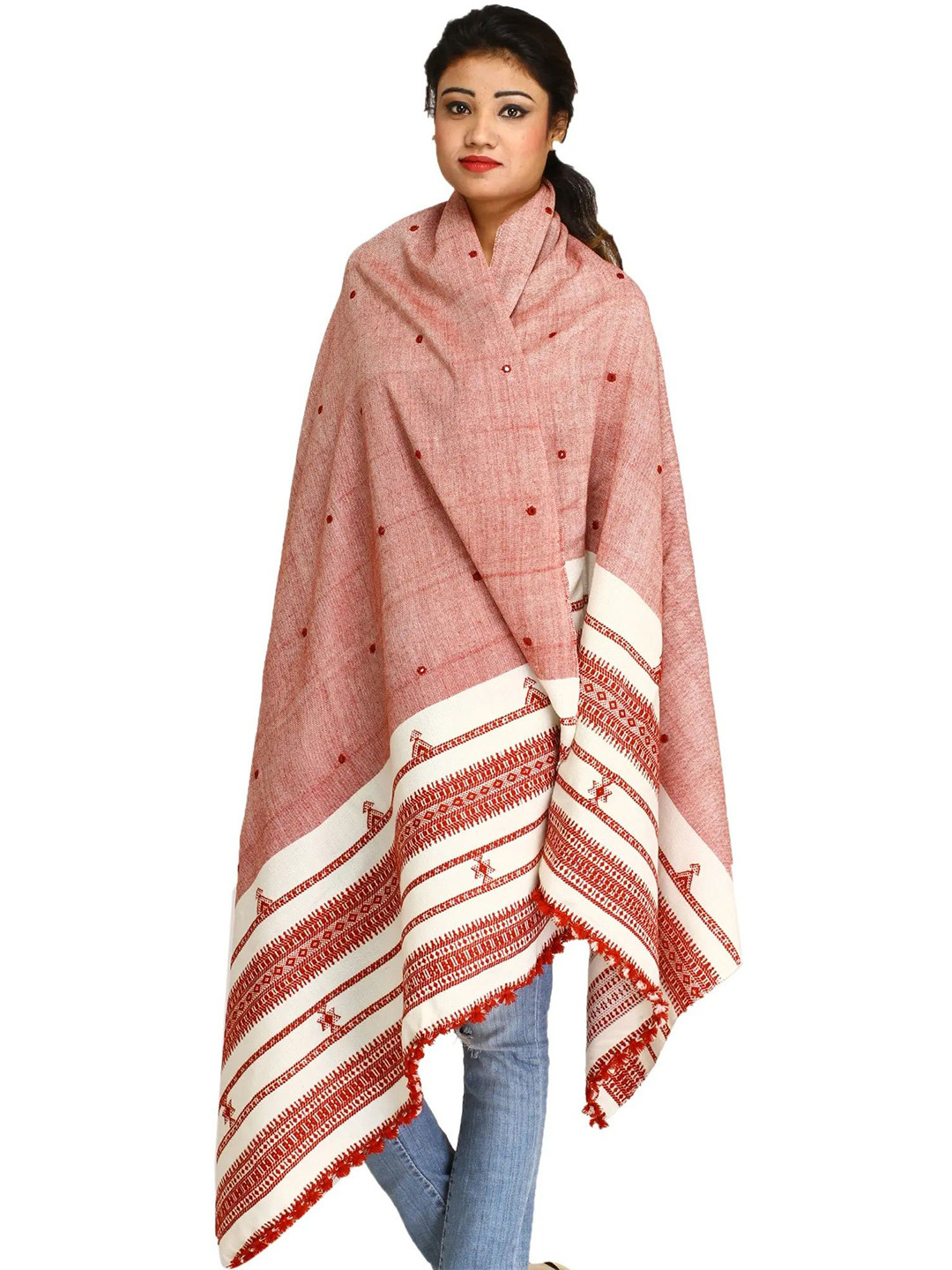 Exotic India Women Floral Embroidered Mirror Work Pure Woollen Shawl