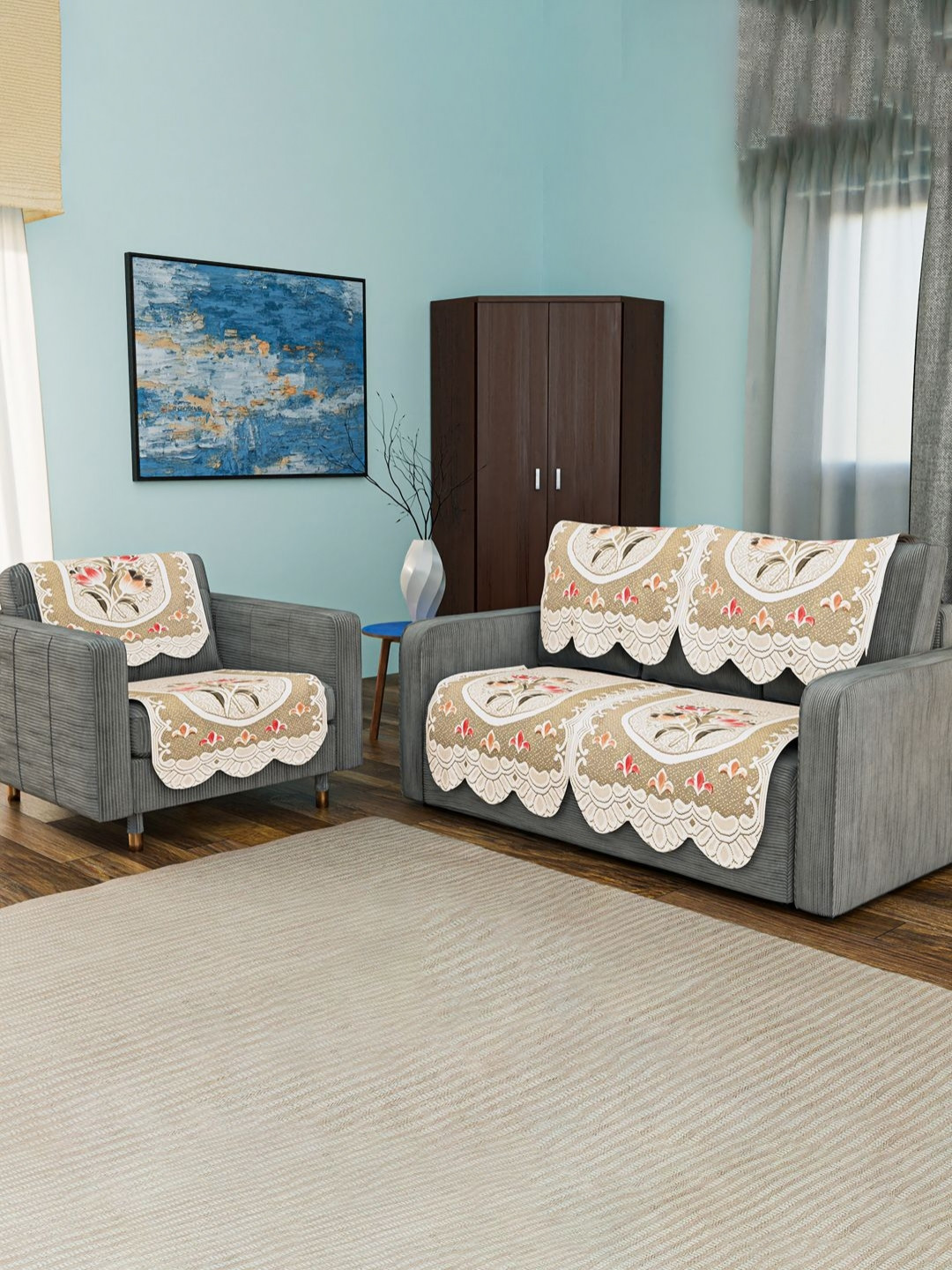 Aura Cream & White Set of 6 Stylish & Durable Cotton 2+1 Seater Sofa Cover Sofa Protector