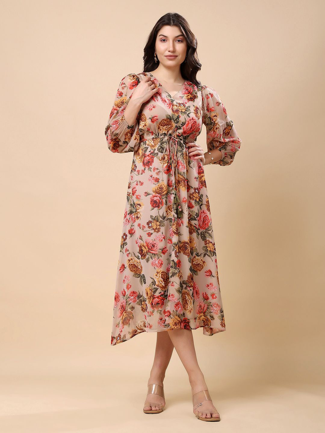 T TRYON ULTIMATE Women Floral Printed Tie-Ups Waist A-Line Midi Dress