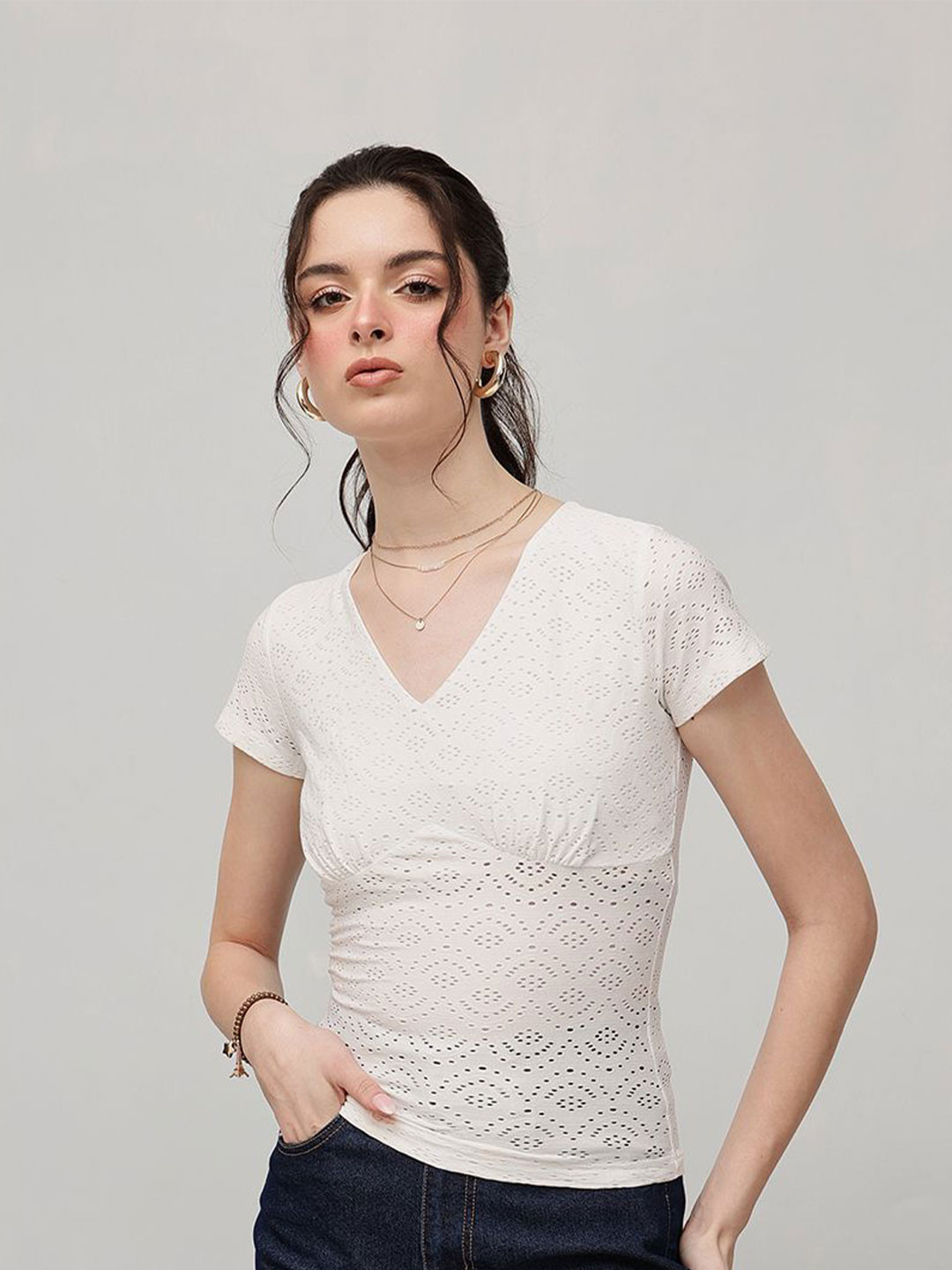 STREET 9 Women Self Design V-Neck Schiffli Top