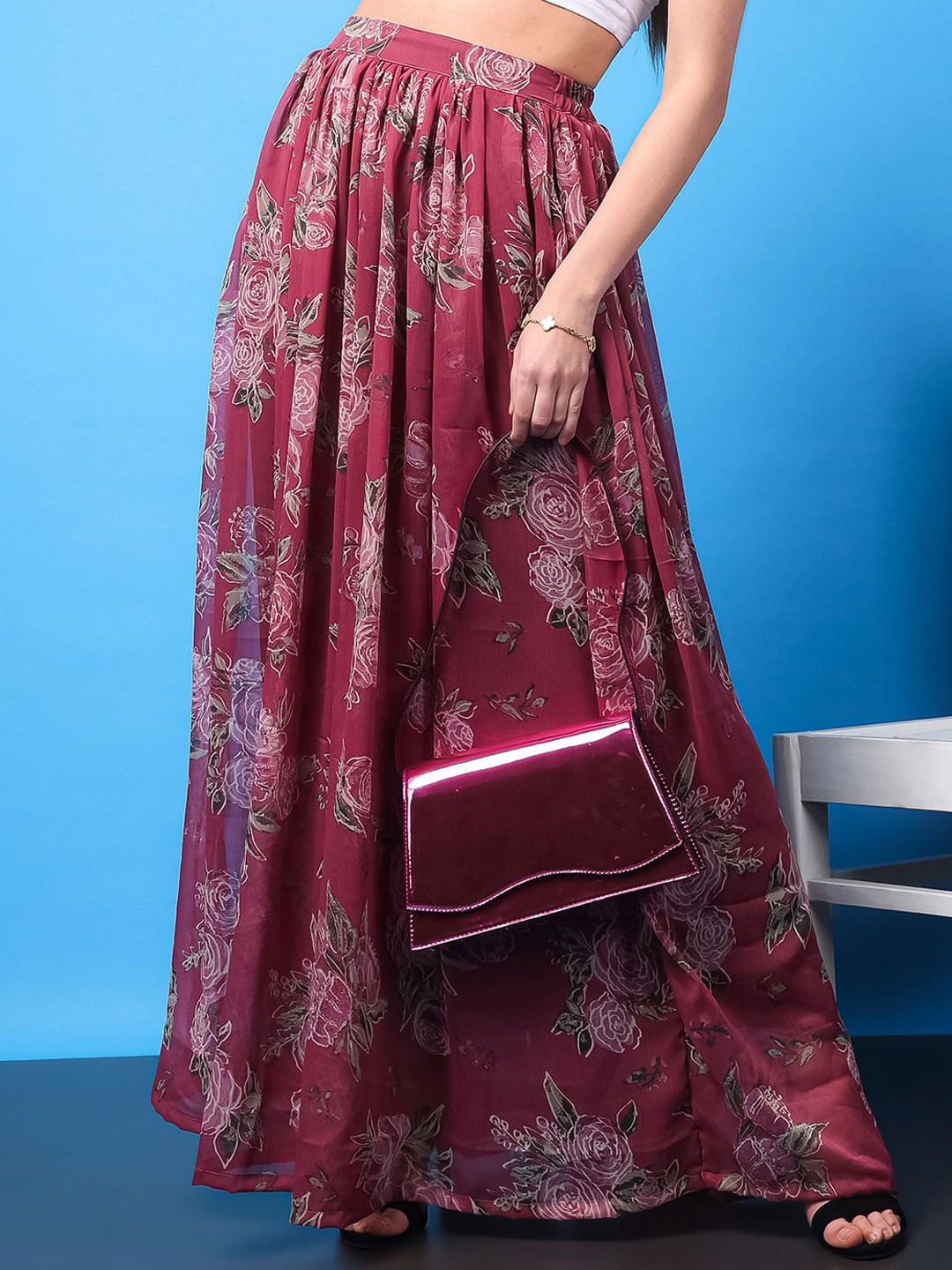SCORPIUS Floral Printed Blushing Bloom Flared Maxi Skirt