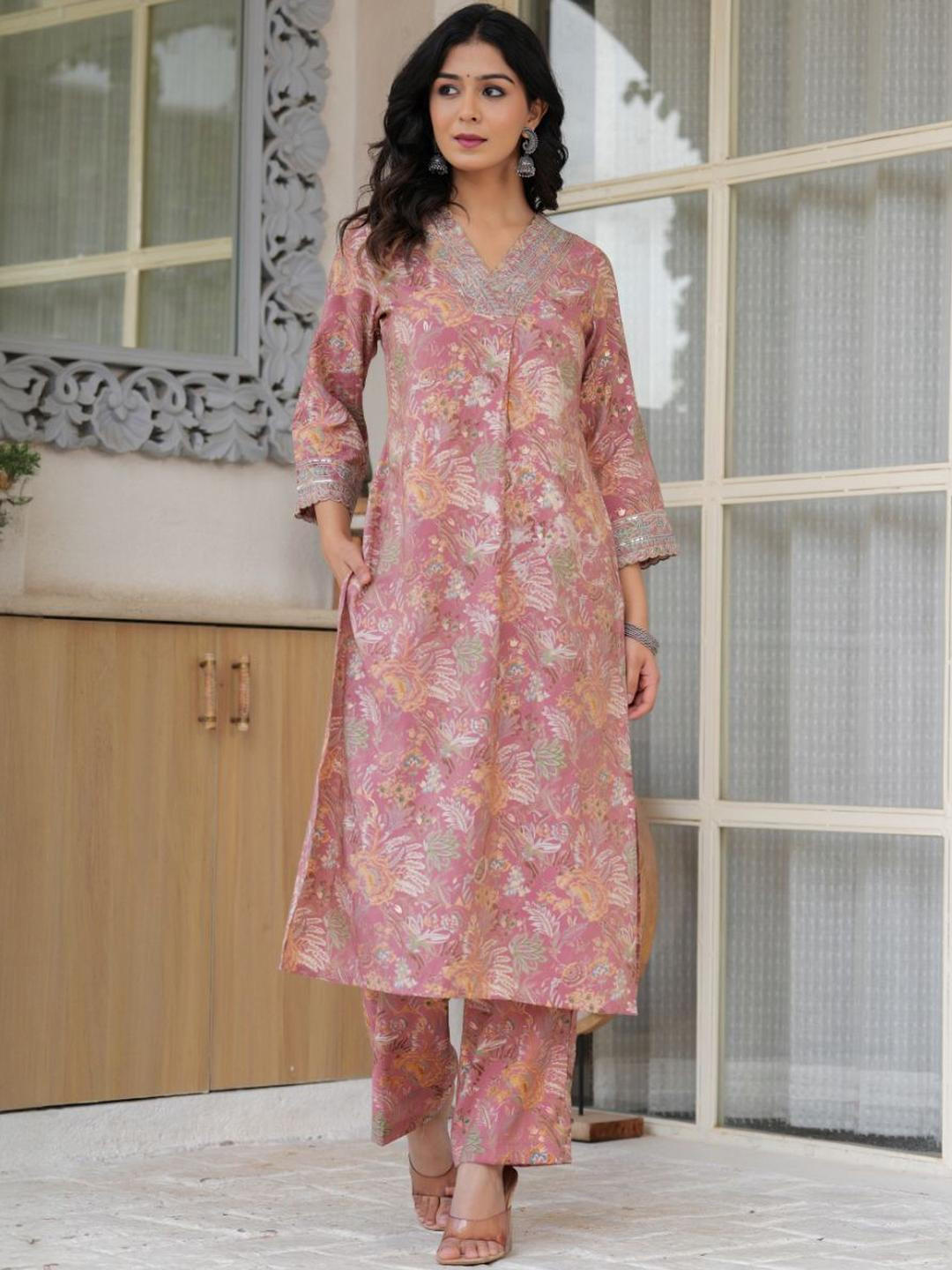 Women Peach Floral Printed Modal Chanderi Kurta Pant Set with V-Neck & Sequin Work