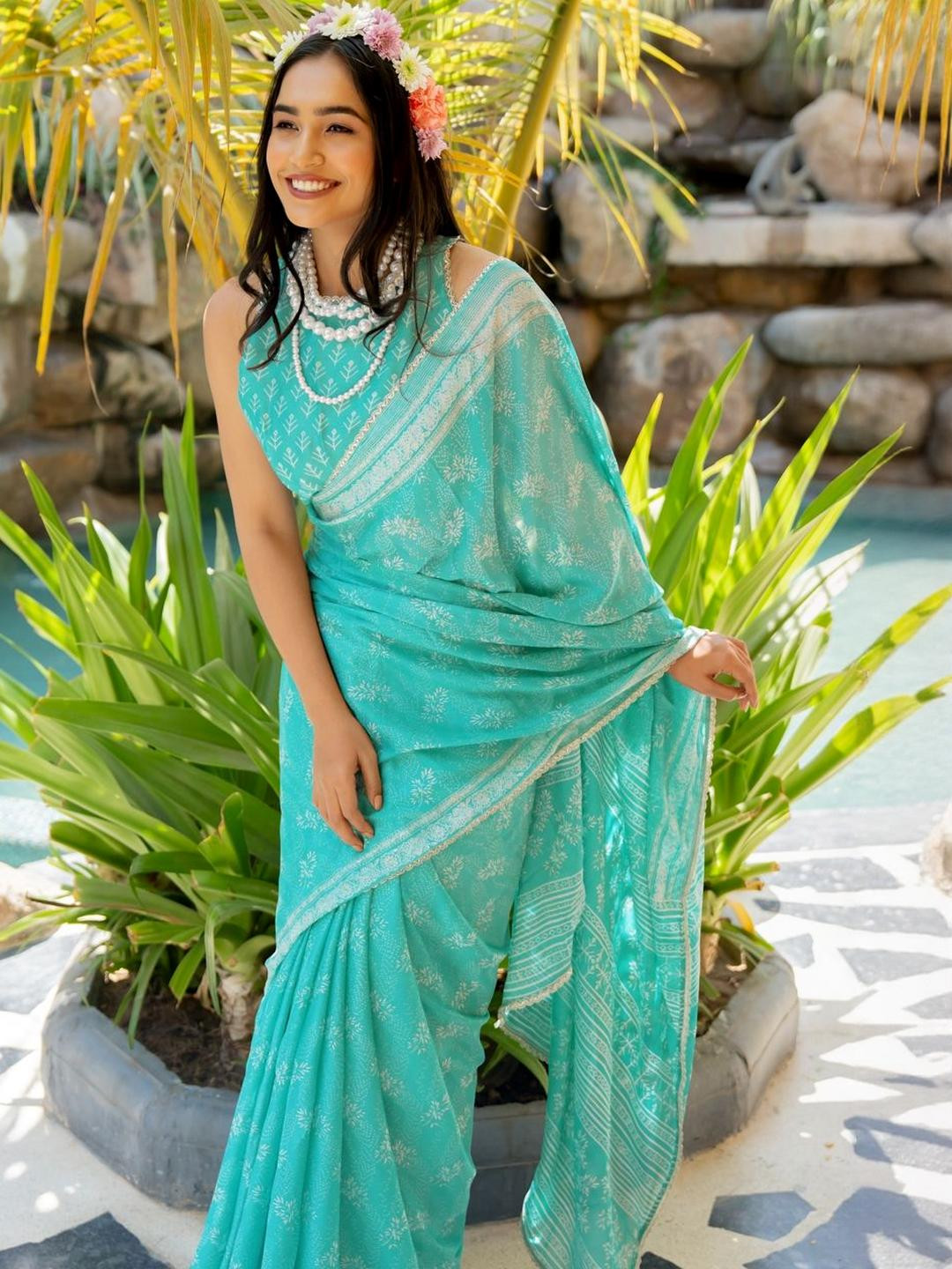 KALINI Light Turquoise N Off White Floral Printed Chiffon Saree