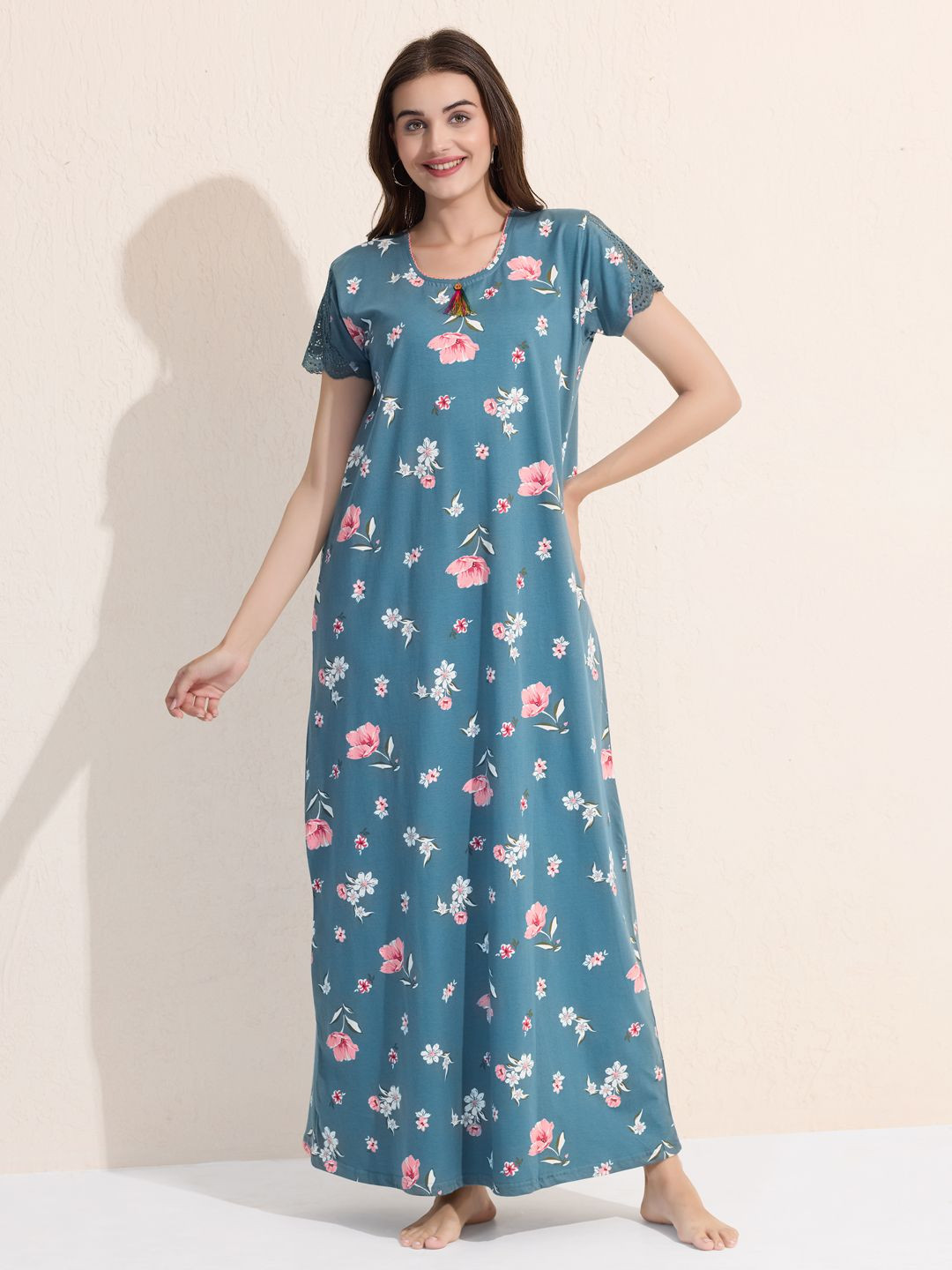 Arela Women Floral Printed Pure Cotton Maxi Nightdress