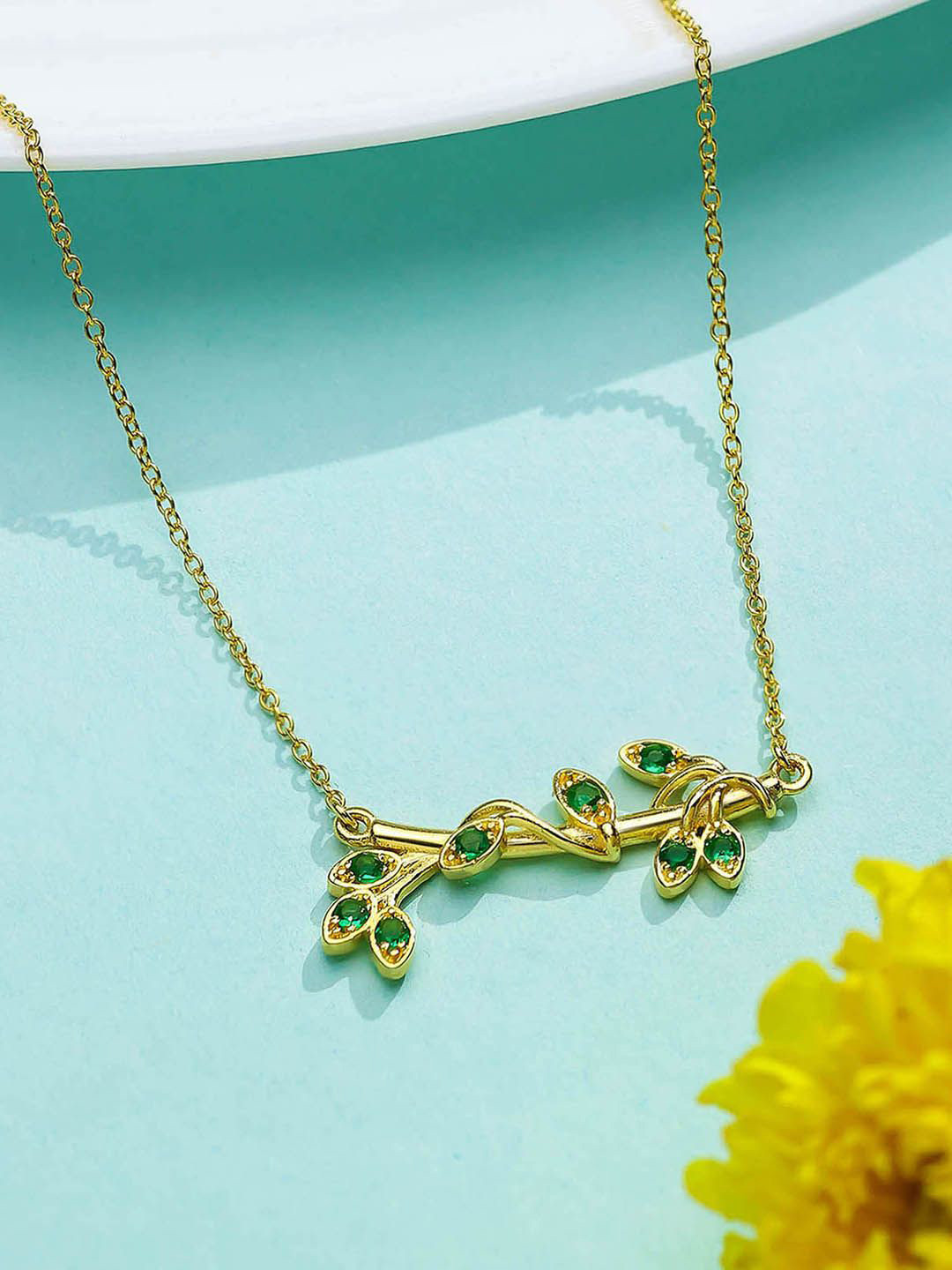 Tweov Jewels 925 Sterling Silver Gold Plated Crystals Studded Leaf Branch Chain Necklace