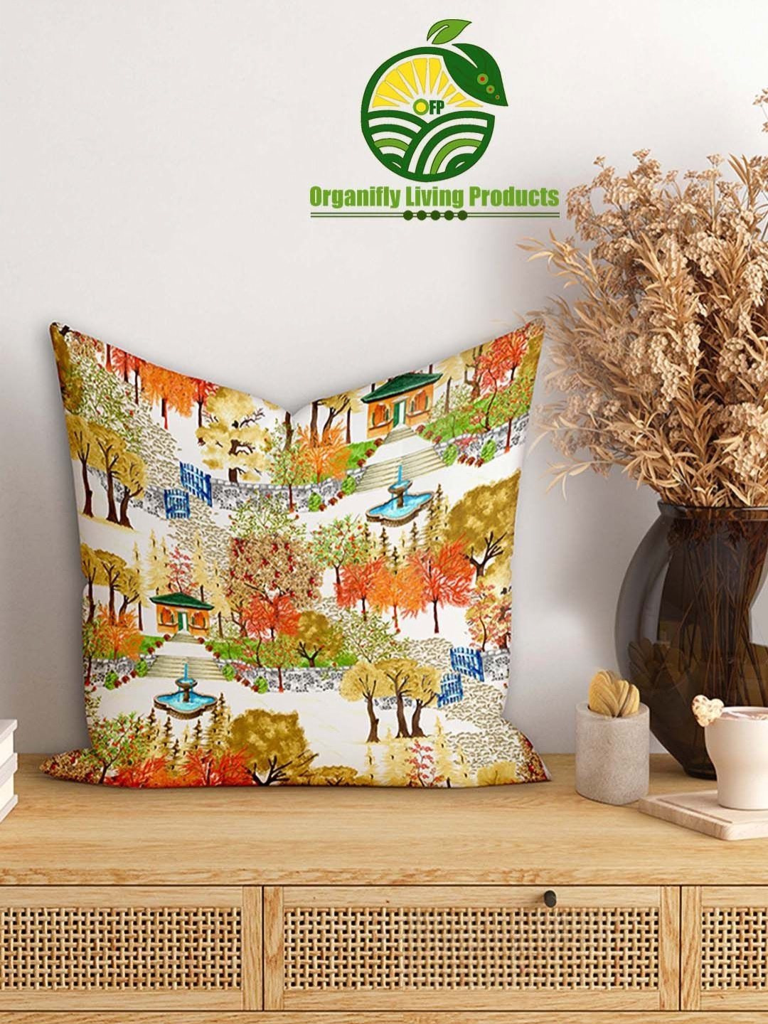 Organifly Living Products Yellow & Green Forest Village Printed Square Cushion Cover