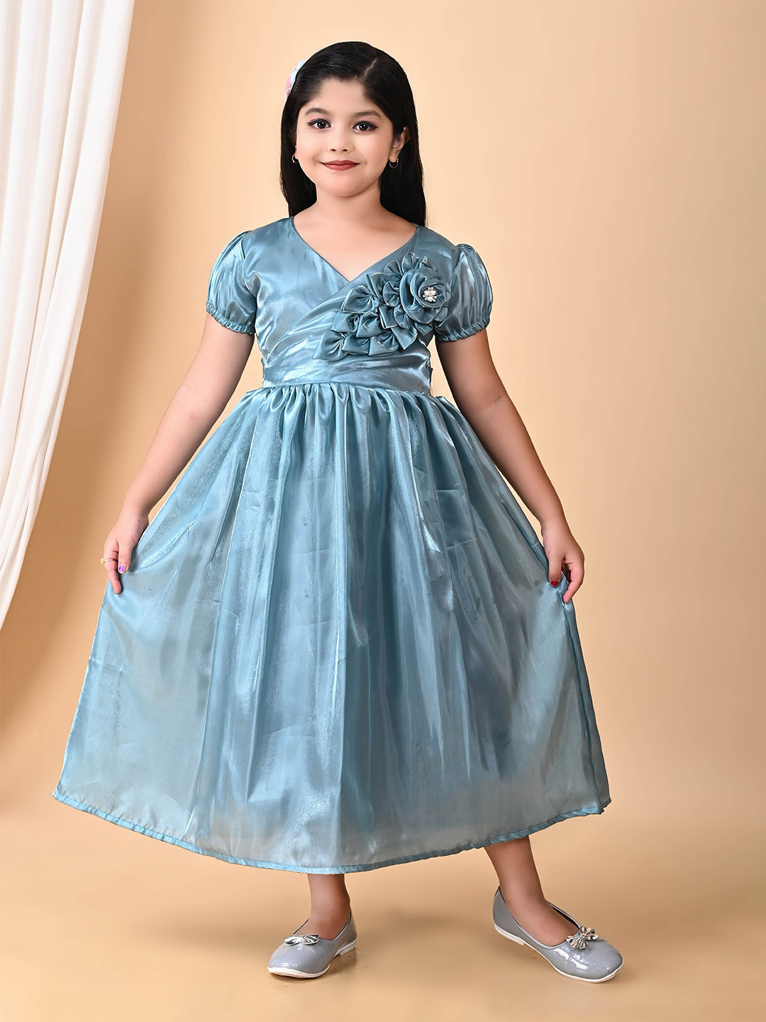 NATIONAL LEBASH Girls Puff Sleeve Satin Fit & Flare Maxi Dress